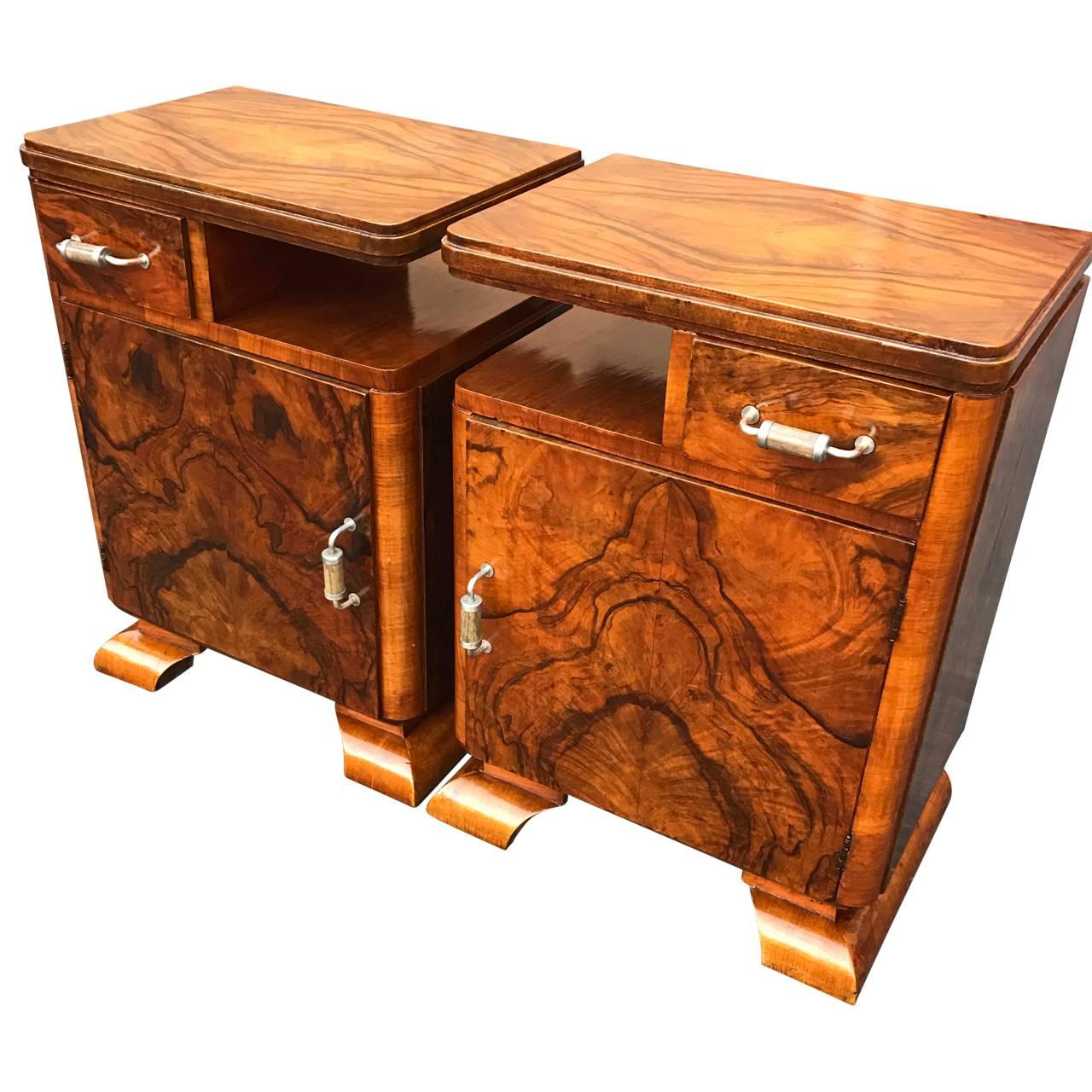 Great pair of Italian deco tables walnut veneer and original brass and bone hardware.