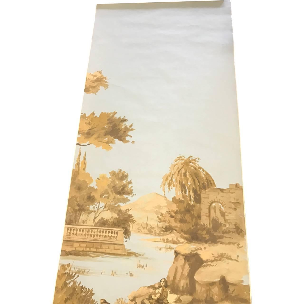 French Provincial Hand-Painted Gracie Wallpaper Panels, French Toile Countryside Scene