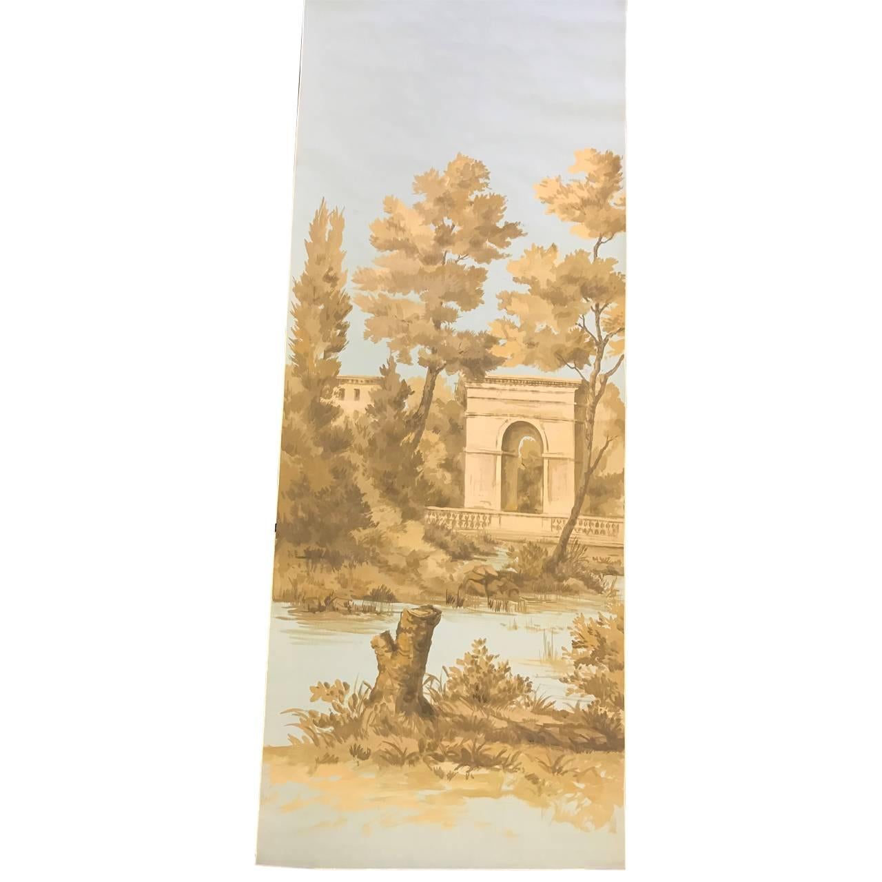 American Hand-Painted Gracie Wallpaper Panels, French Toile Countryside Scene