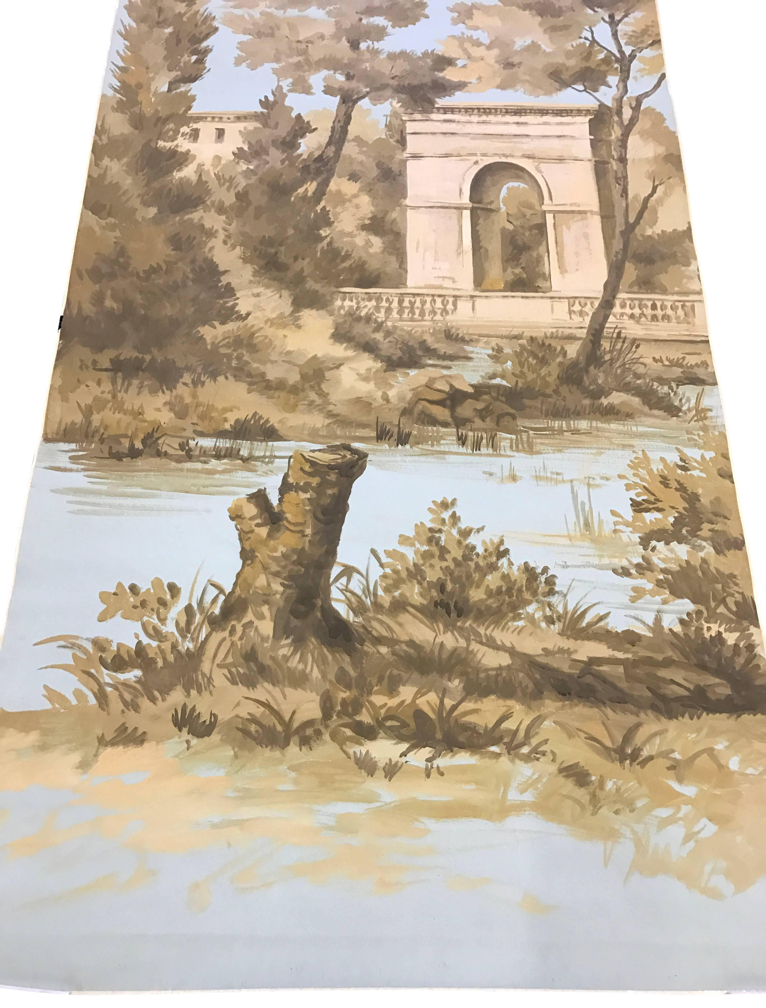 Hand-Painted Gracie Wallpaper Panels, French Toile Countryside Scene 1