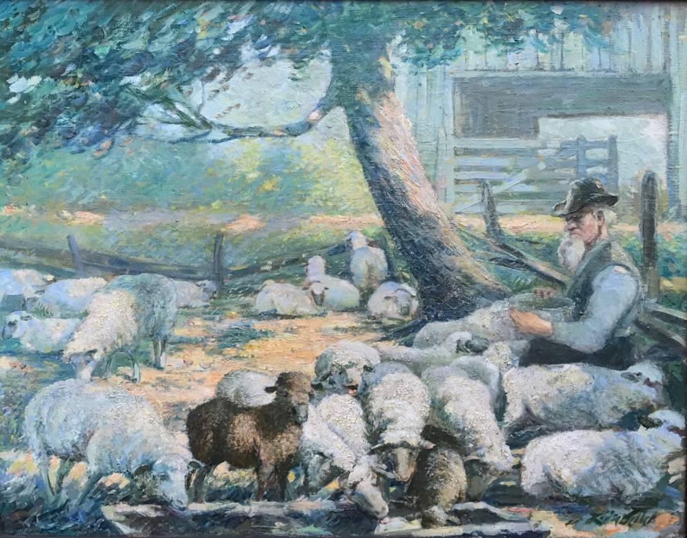 Louis F. Mueller original oil painting of shepherd tending flock of sheep.
Louis F. Mueller painted in the style of old world masters. In an impressionist style, using hundred of strokes of paint with his soft pallet of colors, his paintings