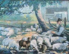Oil Painting of Shepherd Tending Flock of Sheep, Louis F. Mueller, early 1900's