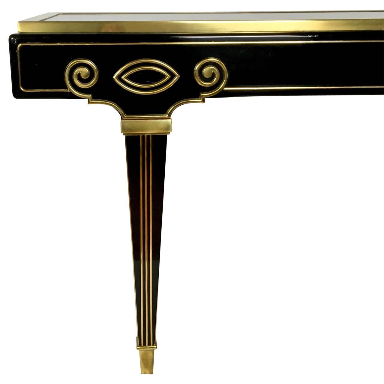 American Mastercraft Black Lacquer and Brass Modern Empire Console Table