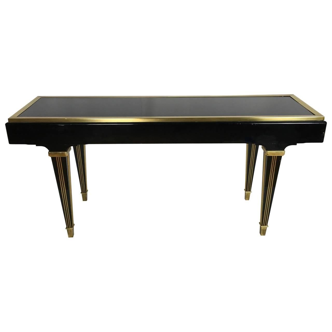 Mastercraft Black Lacquer and Brass Modern Empire Console Table In Excellent Condition In Haddonfield, NJ