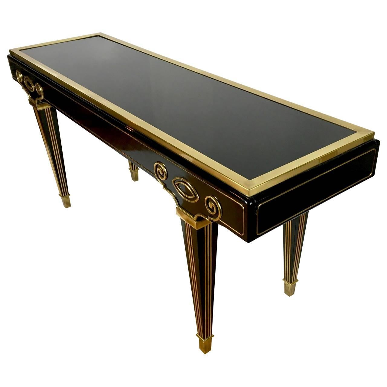 Woodwork Mastercraft Black Lacquer and Brass Modern Empire Console Table