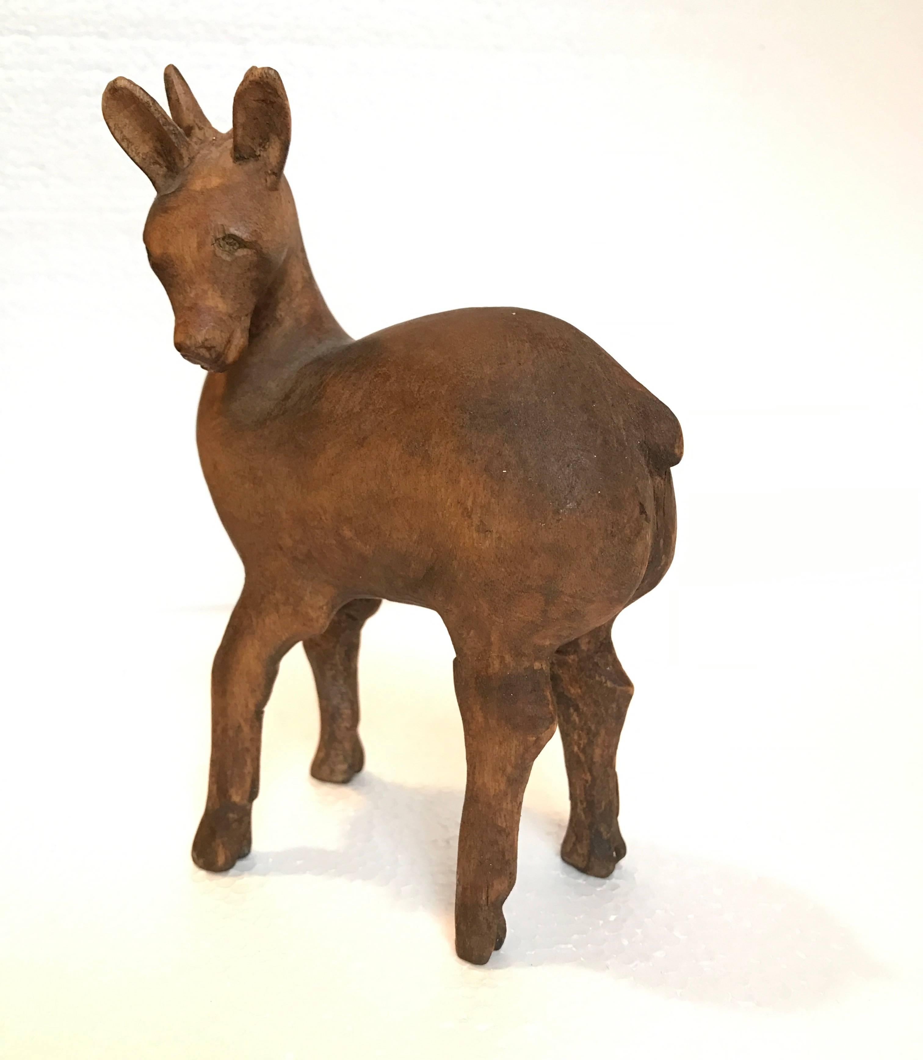 Hand-Carved Small Wooden Deer Sculpture
