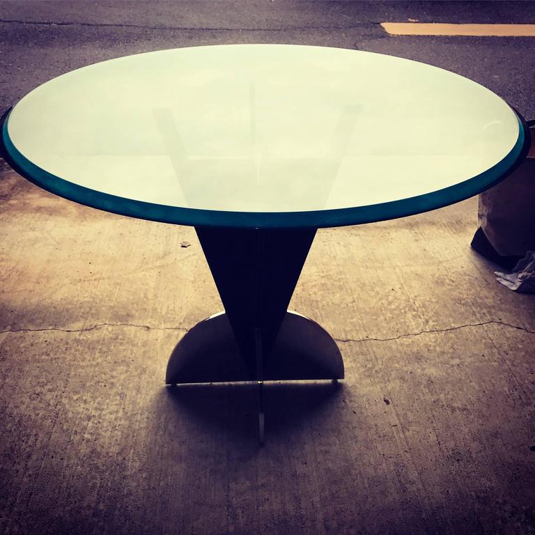 American Modern Steel Dining Table With Round Tinted Glass Top at 1stDibs
