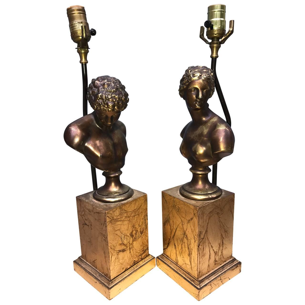German Pair of Bronze Bust Table Lamps For Sale
