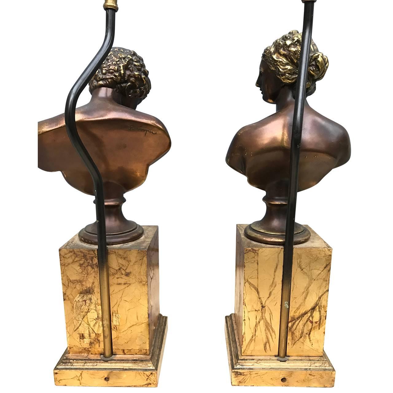 Pair of Bronze Bust Table Lamps For Sale 1