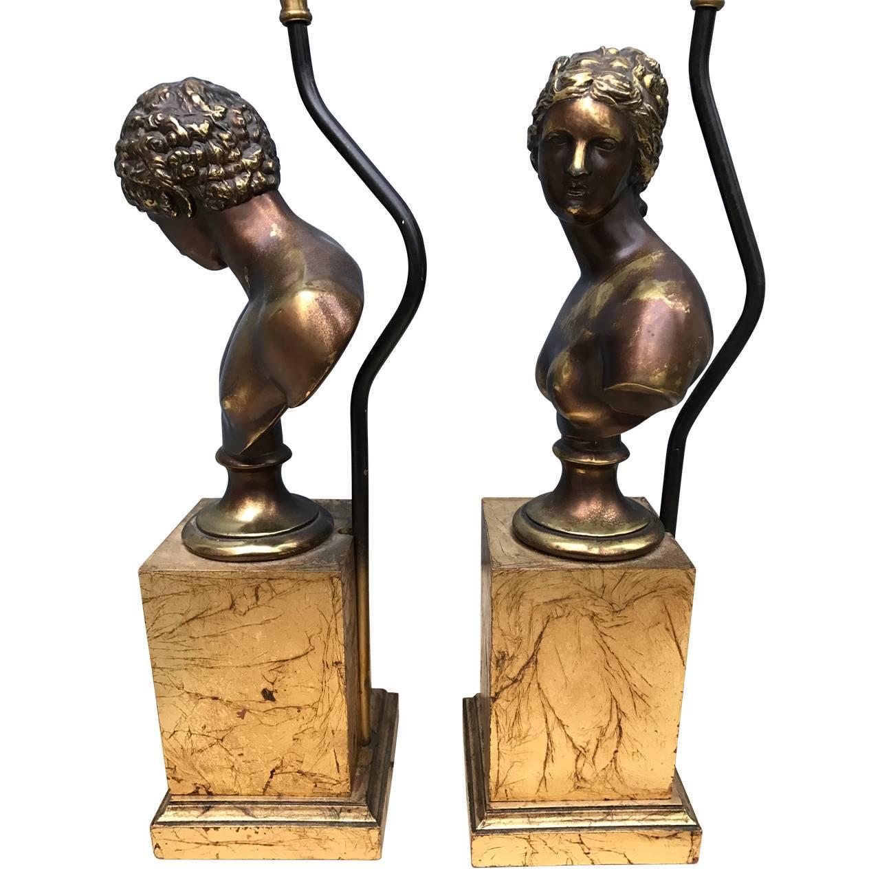 20th Century Pair of Bronze Bust Table Lamps For Sale