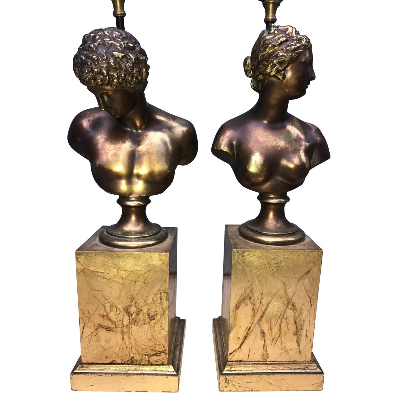 Pair of Bronze Bust Table Lamps In Good Condition For Sale In Haddonfield, NJ
