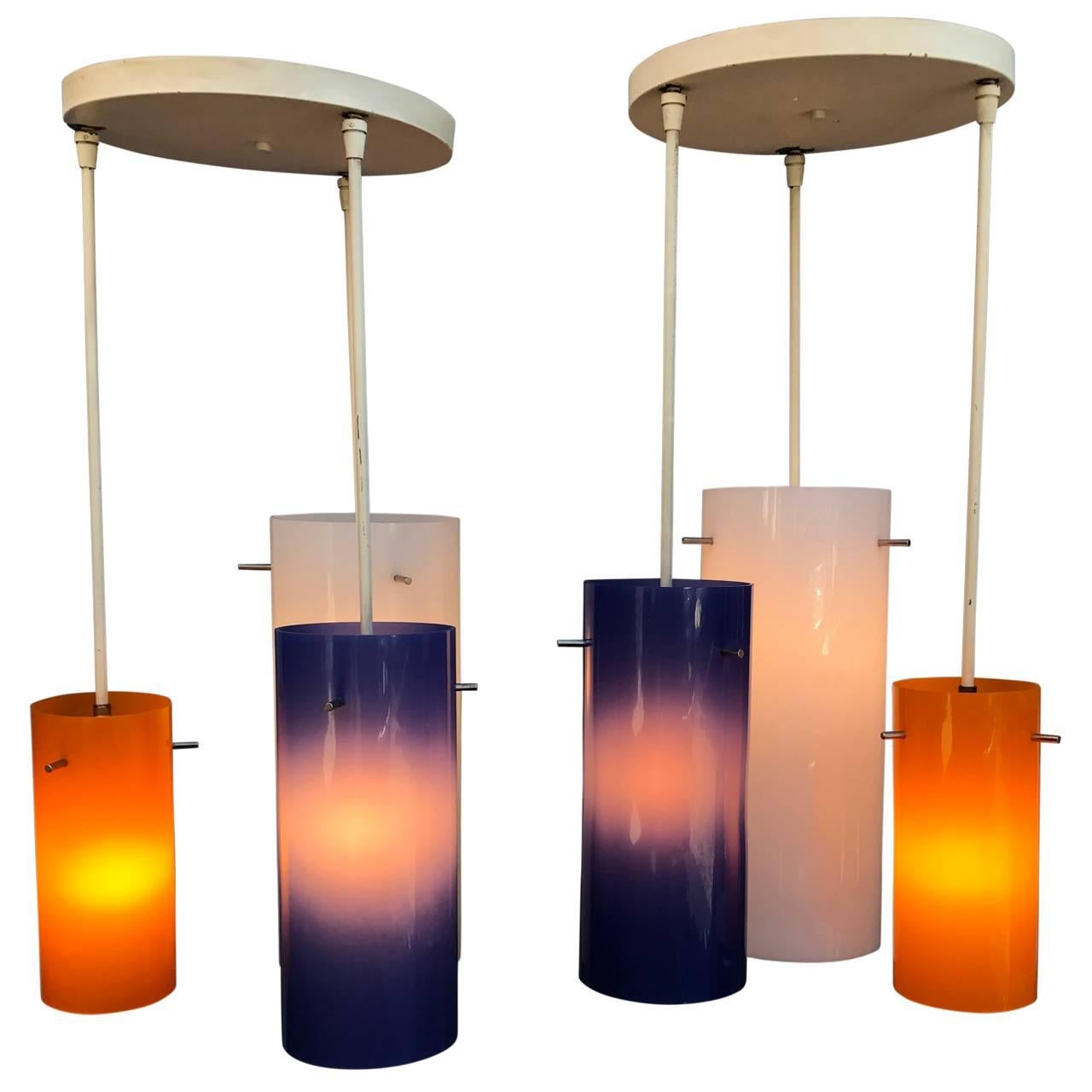 Mid-Century Modern Pair of Two Lucite Blue and Orange Ceiling Lights For Sale