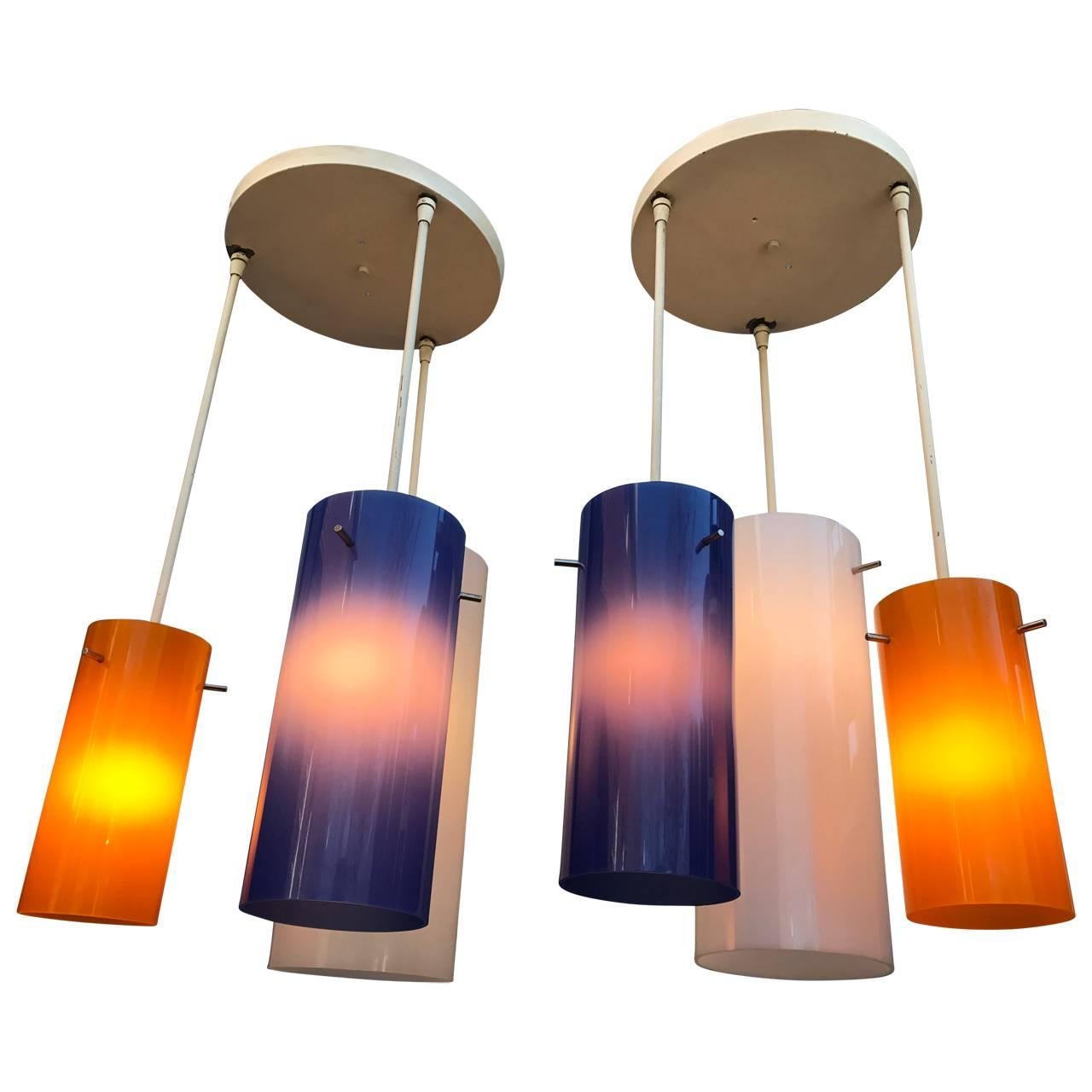 Pair of Two Lucite Blue and Orange Ceiling Lights For Sale