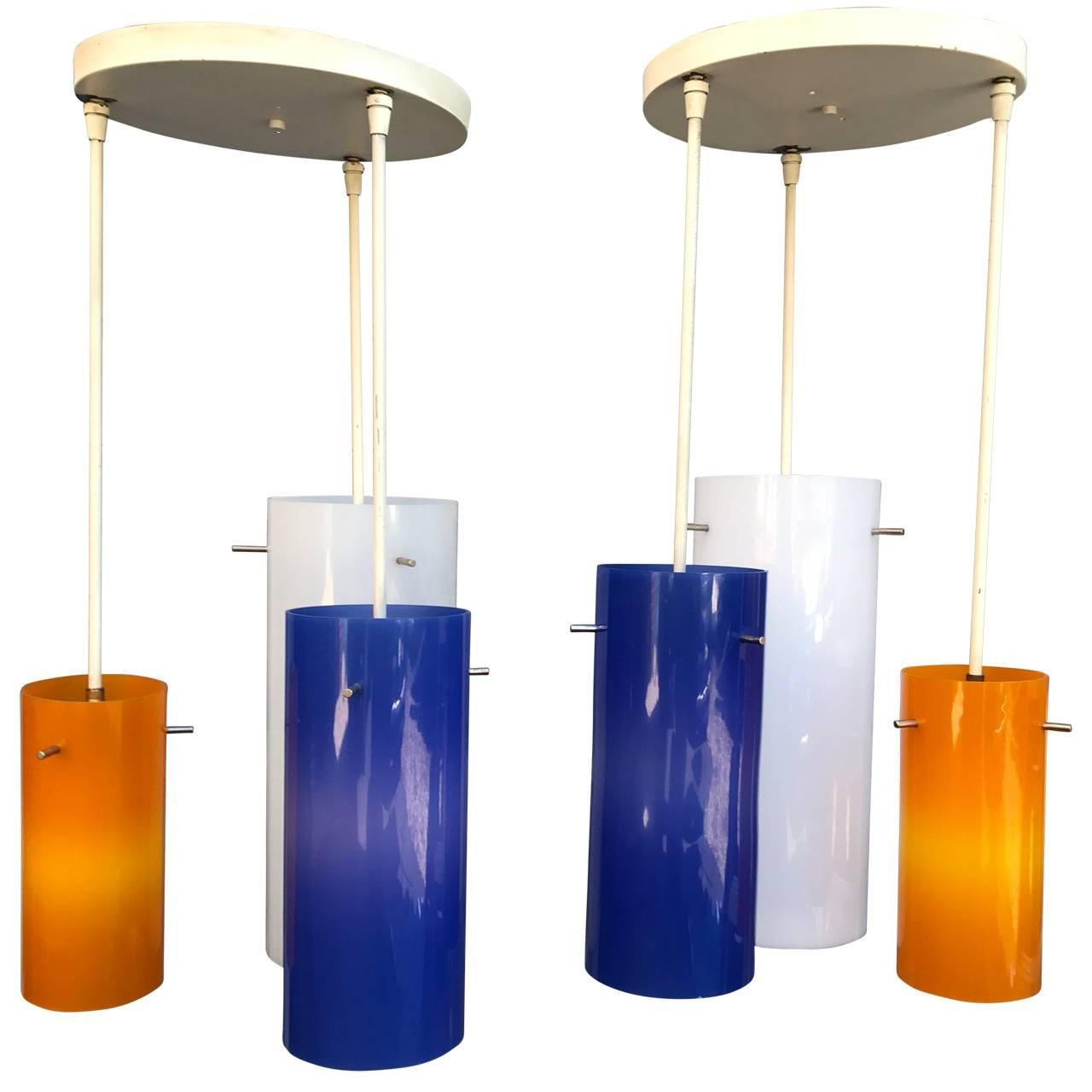 Pair of Two Lucite Blue and Orange Ceiling Lights In Good Condition For Sale In Haddonfield, NJ