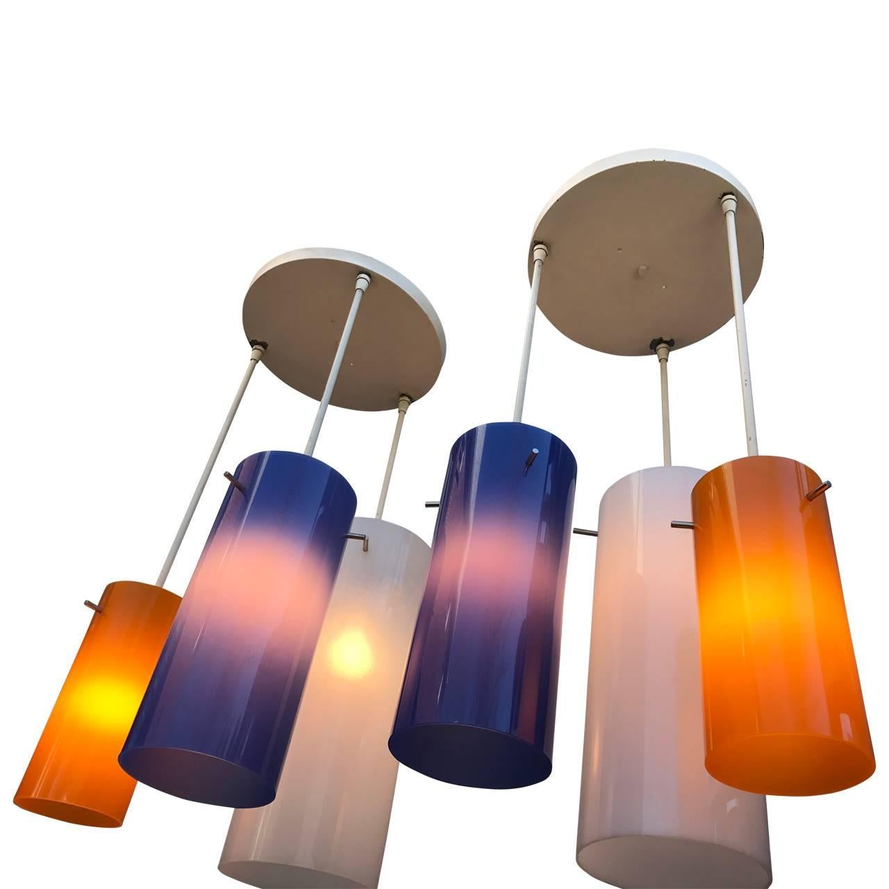 American Pair of Two Lucite Blue and Orange Ceiling Lights For Sale