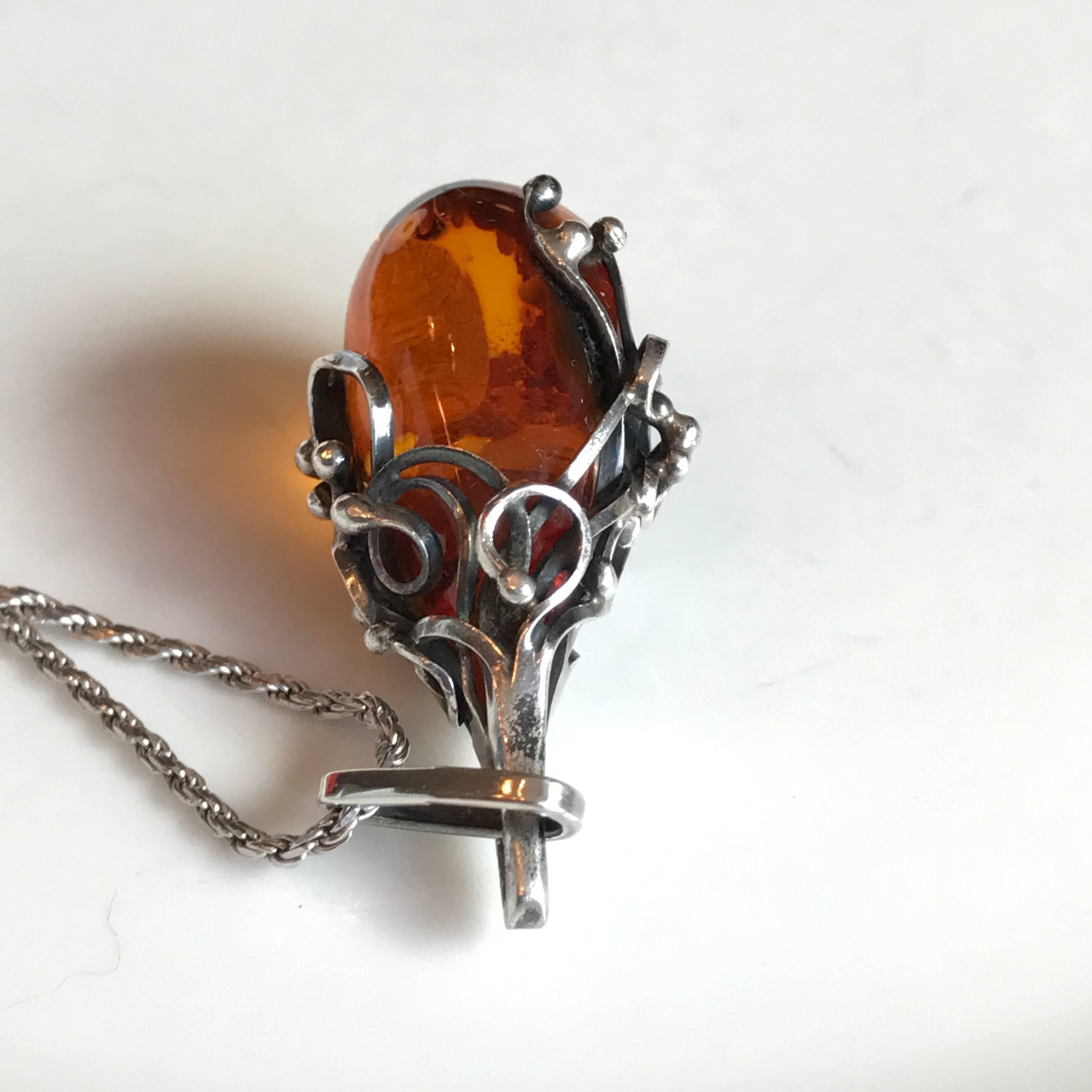 Hand-Crafted Scandinavian Amber Pendant and Sterling Silver Necklace