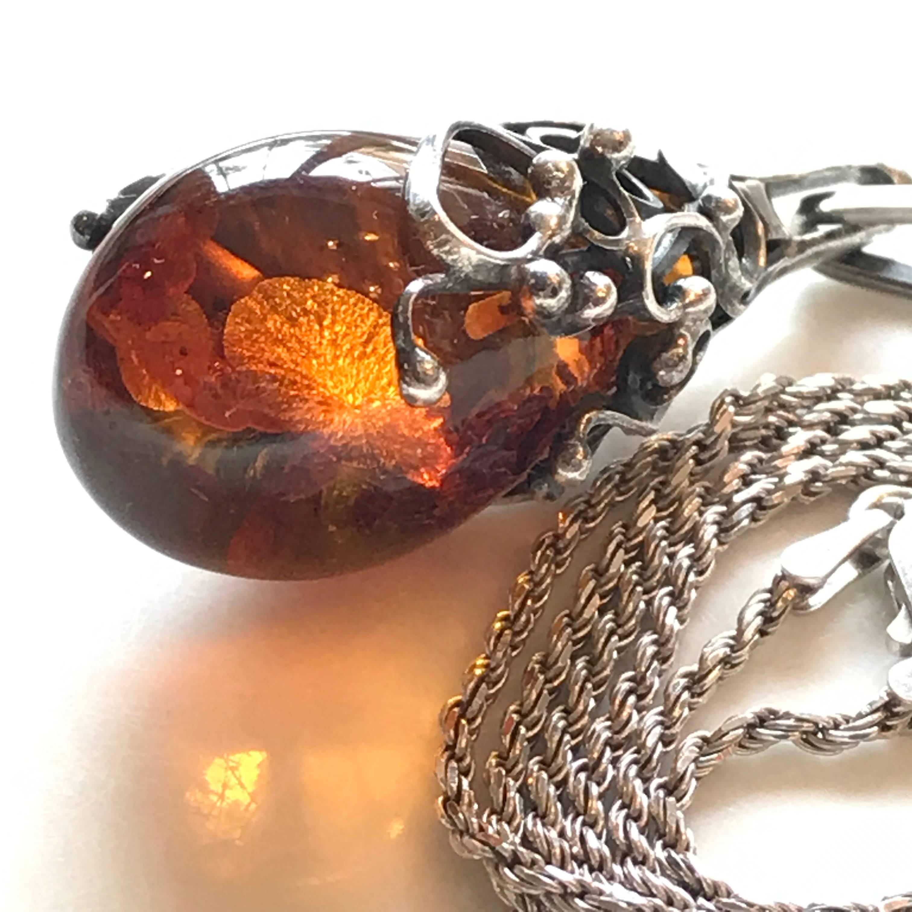 Danish Scandinavian Amber Pendant and Sterling Silver Necklace