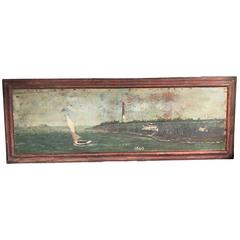 Large 19th Century Marine Painting of a Lighthouse and Sailboat