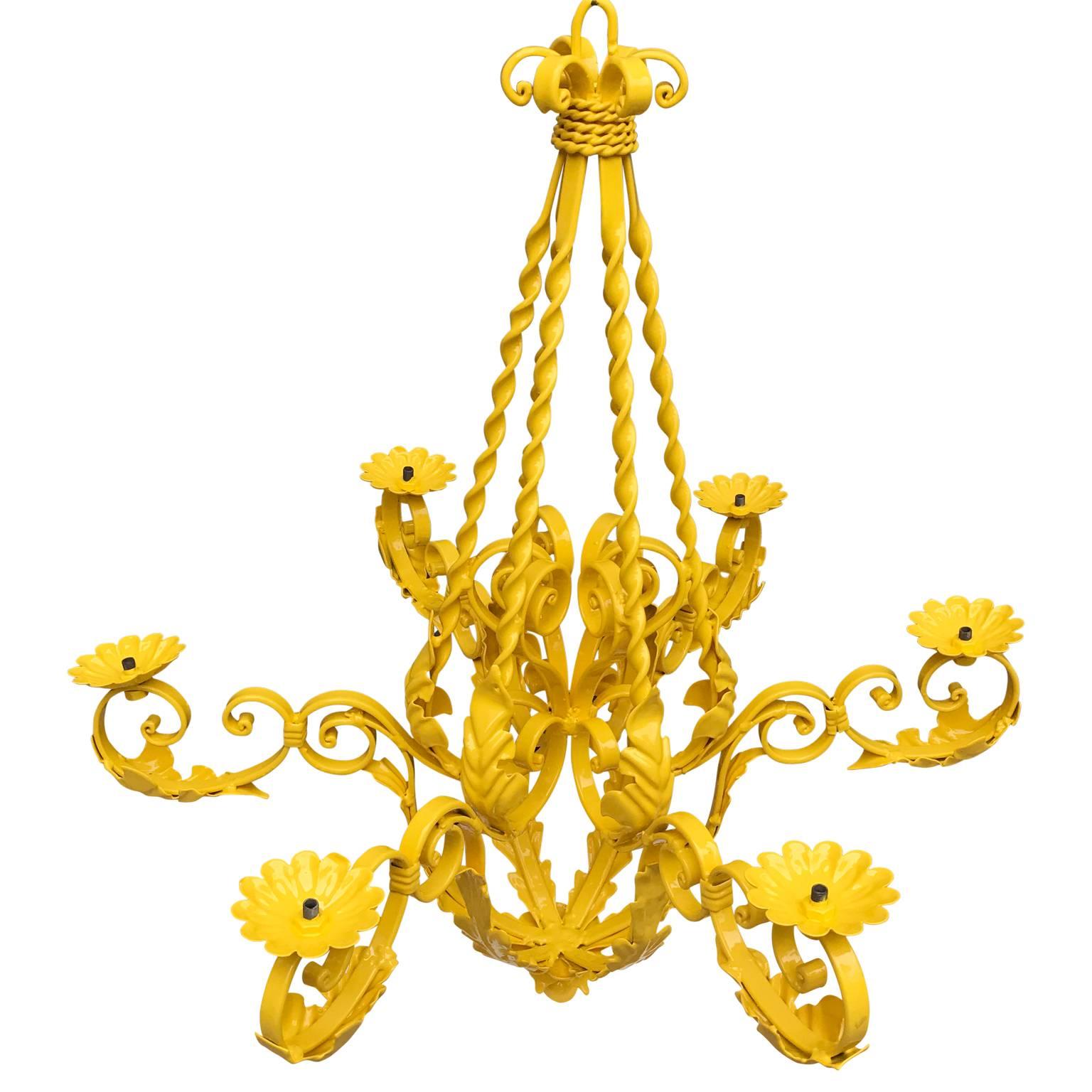 Large Mid-Century six-arm iron chandelier, powder-coated in bright sunshine-yellow paint.
Recently rewired, UL standardized.
