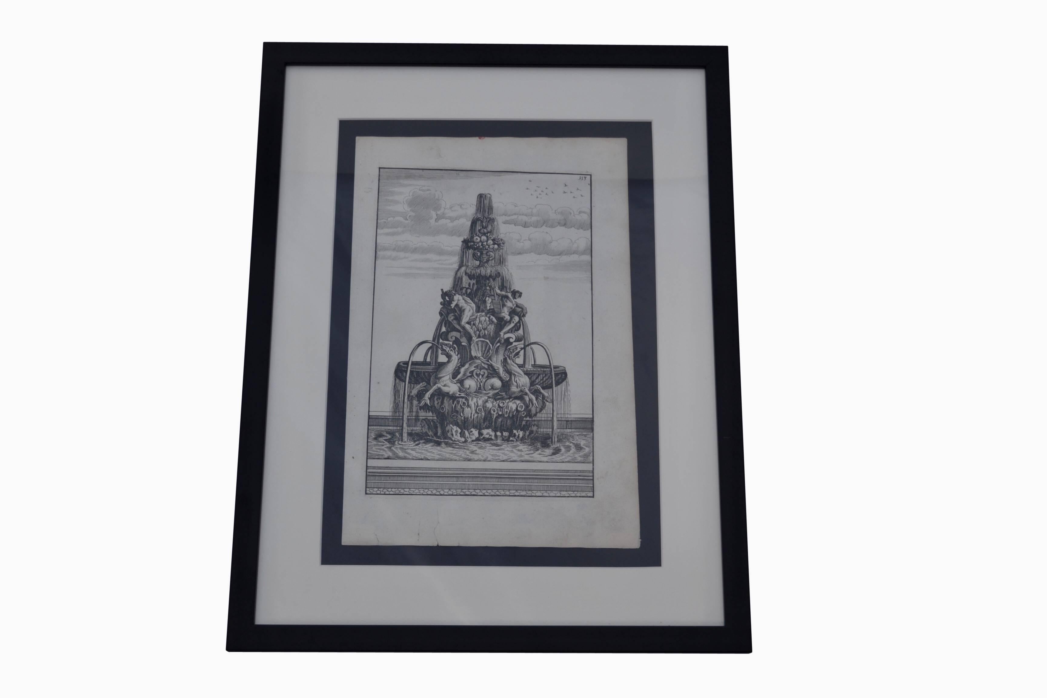 Pair of etchings featuring Greek-Roman mythological characters set over a fountain. Etchings are professionally framed in a matte black metal frame and white mate.