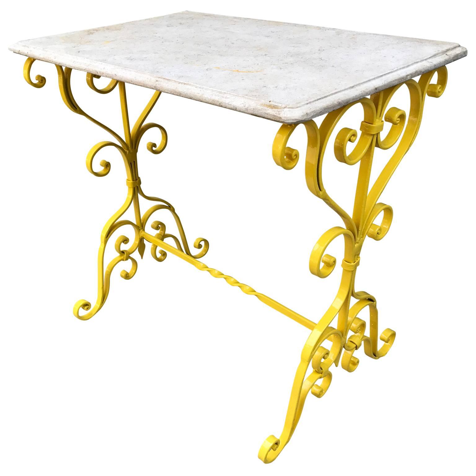 Powder-Coated Single Sunshine Yellow Metal Garden Stone-Top Table