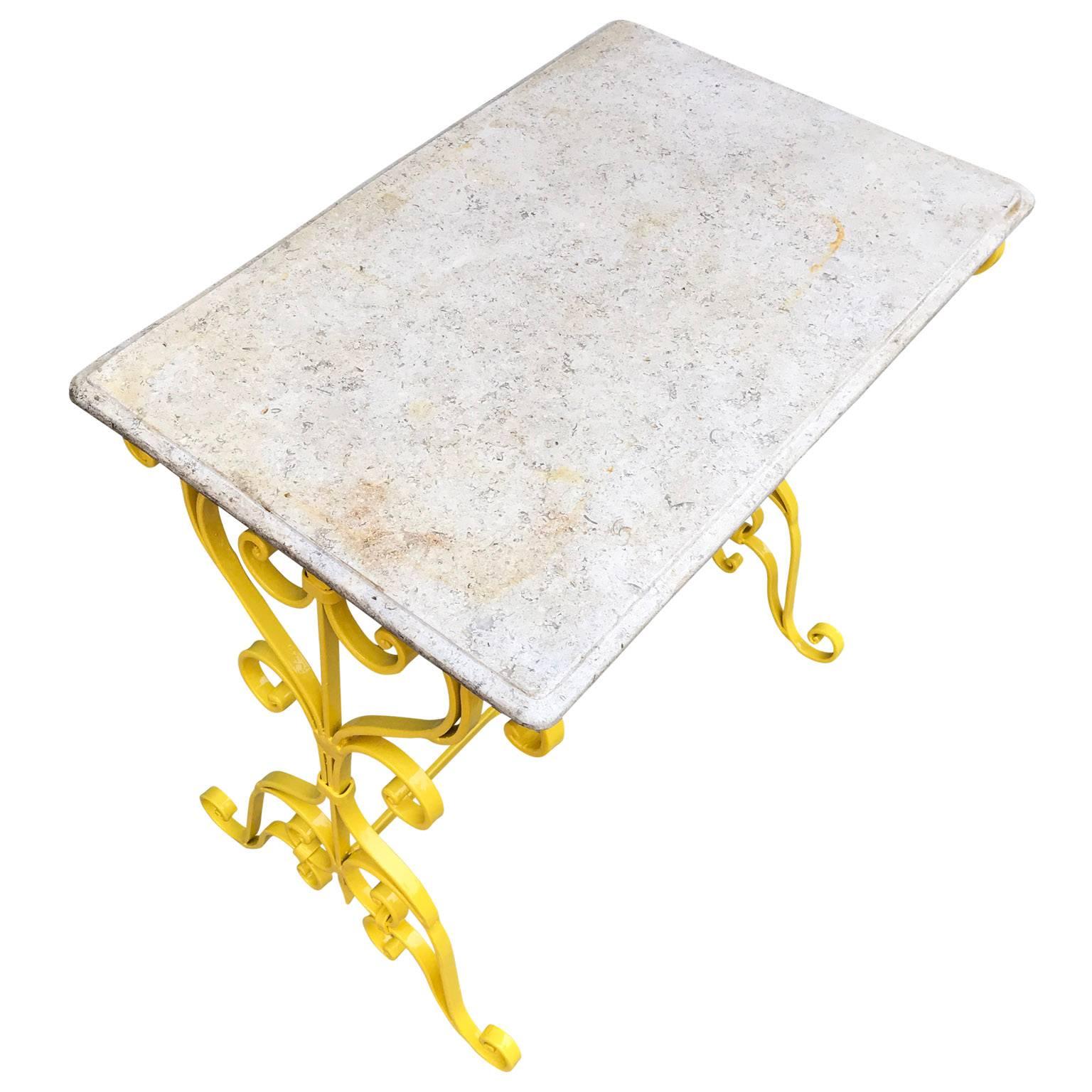 20th Century Single Sunshine Yellow Metal Garden Stone-Top Table