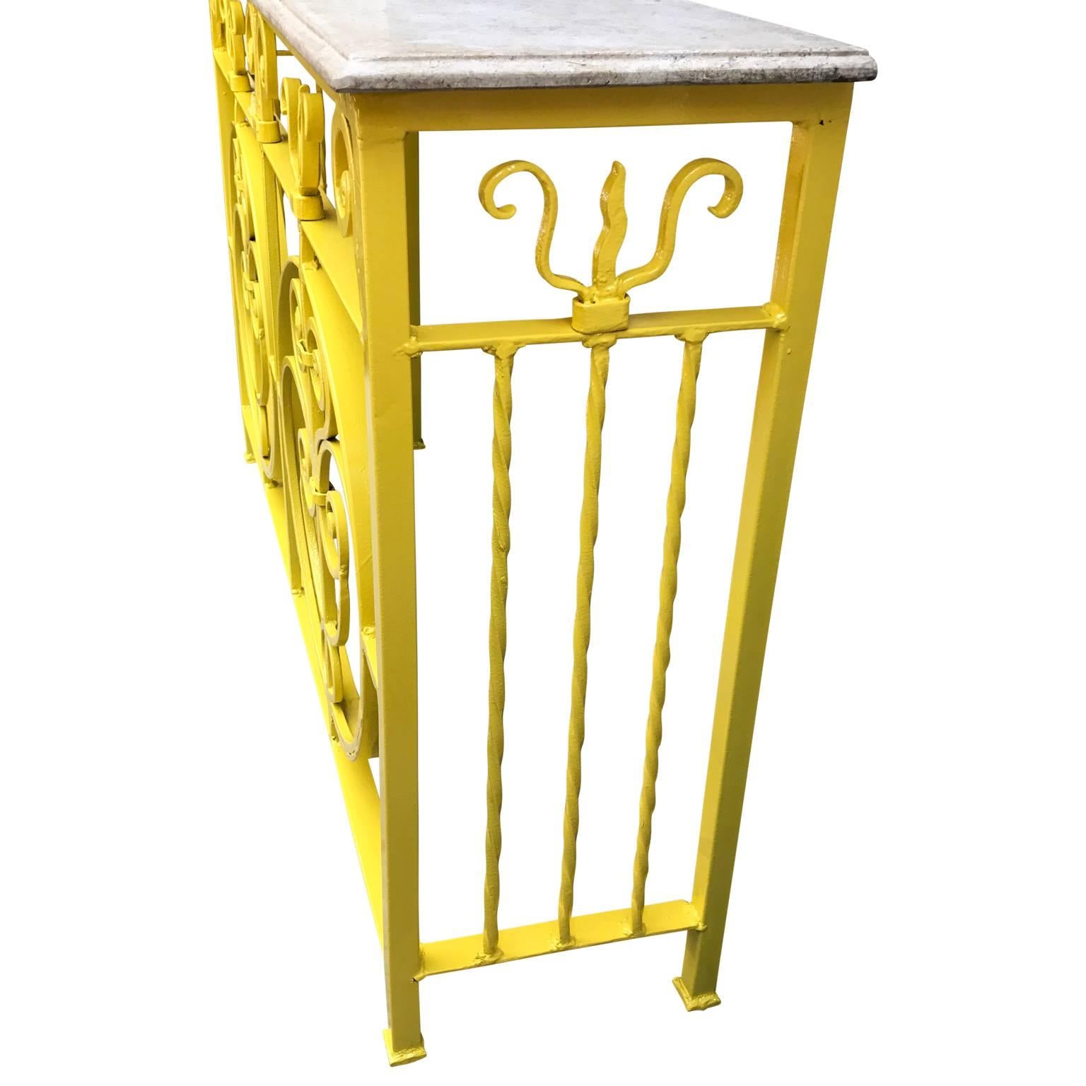 Powder-Coated Pair of Yellow Metal Garden Stone-Top Consoles