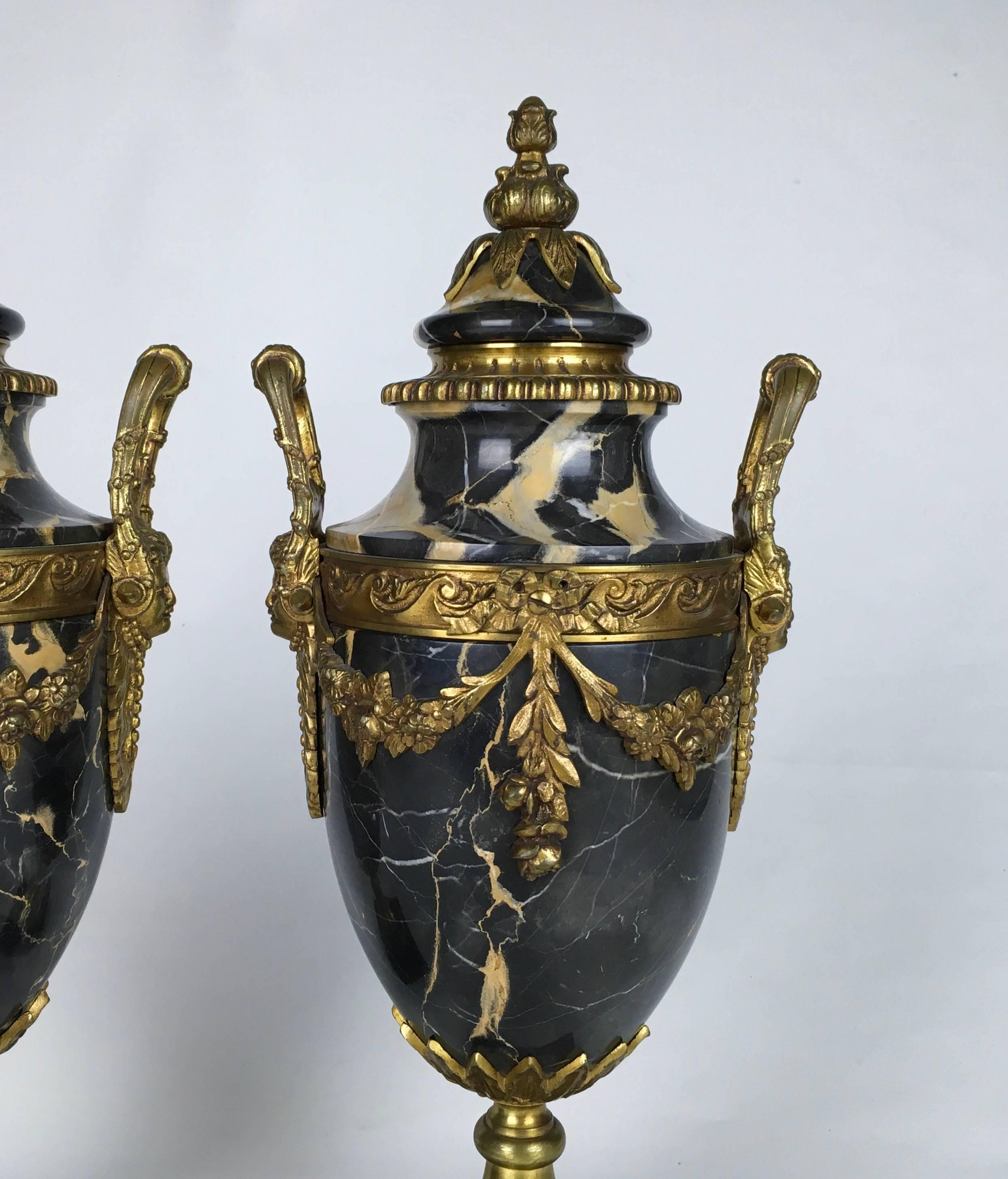 Antique Pair of French Louis XVI Style Marble Urns Gilt Bronze Ormolu Mounts 2