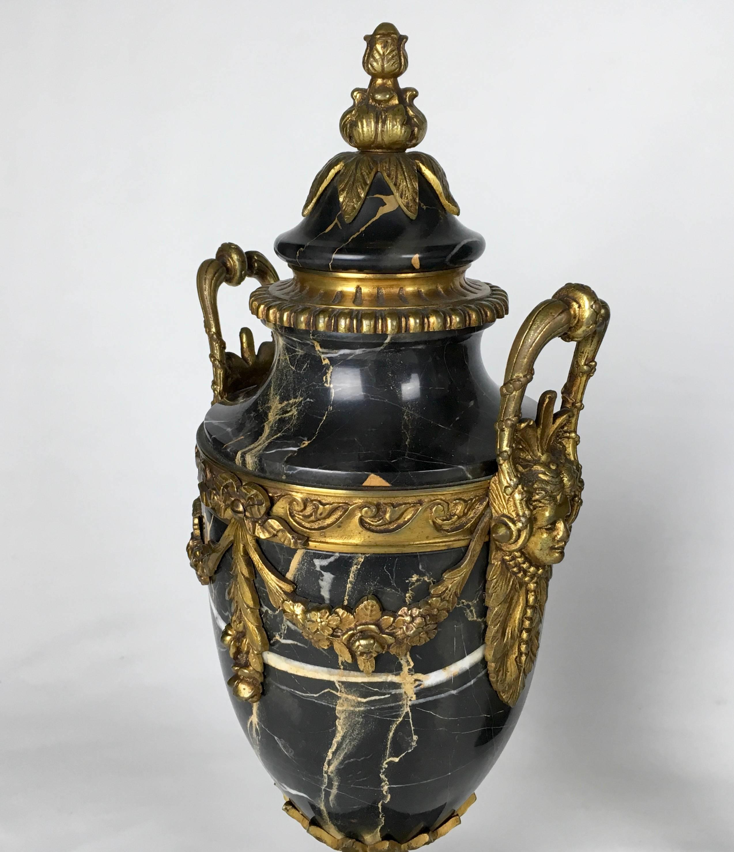 Antique Pair of French Louis XVI Style Marble Urns Gilt Bronze Ormolu Mounts 4