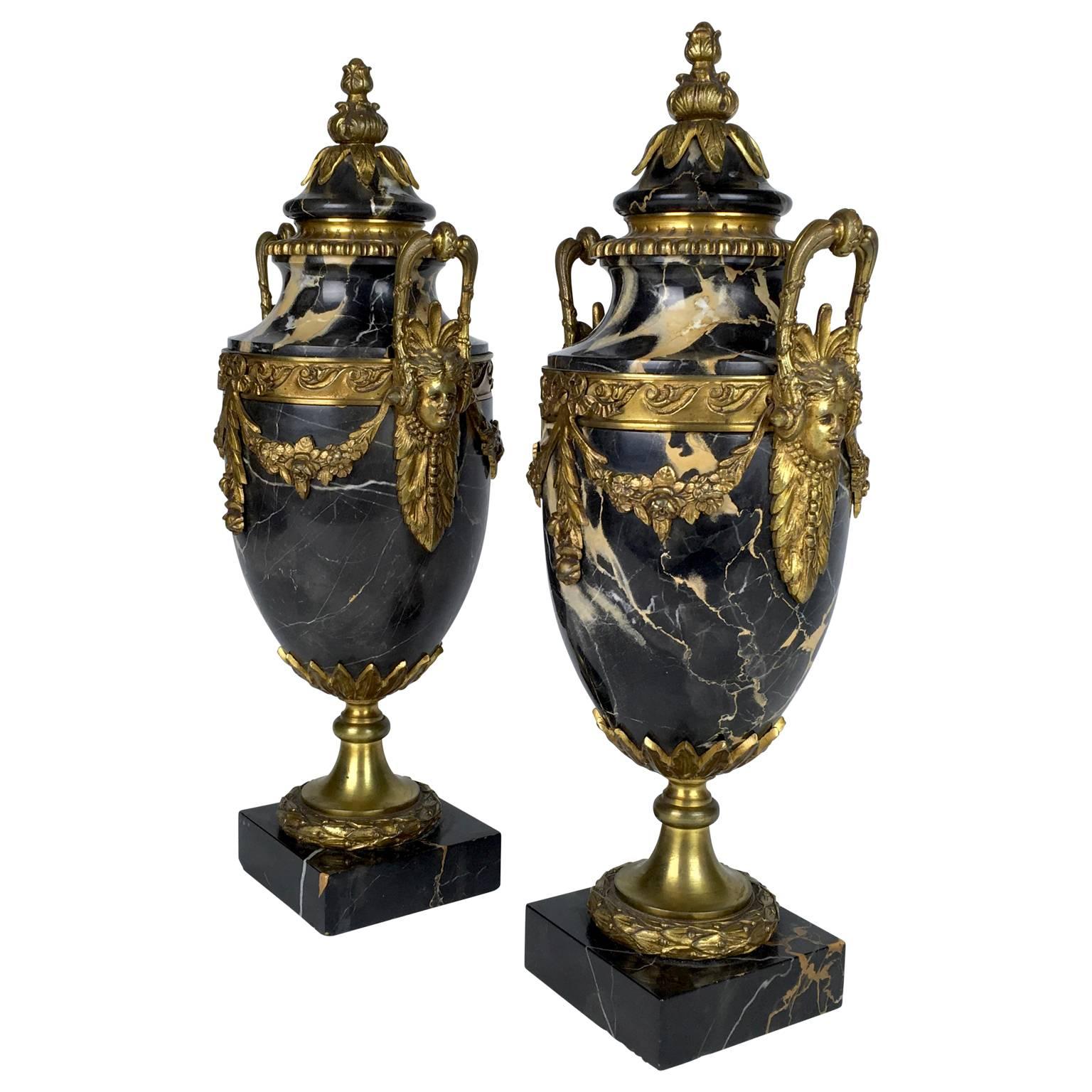 Bronzed Antique Pair of French Louis XVI Style Marble Urns Gilt Bronze Ormolu Mounts