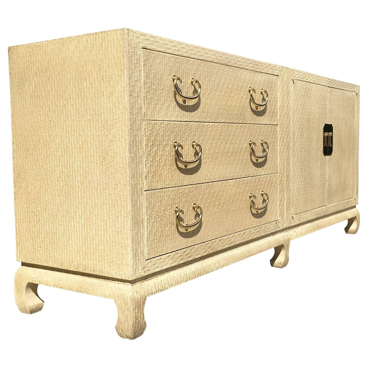 Baker Asian Modern Sideboard in Grasscloth In Good Condition In Haddonfield, NJ