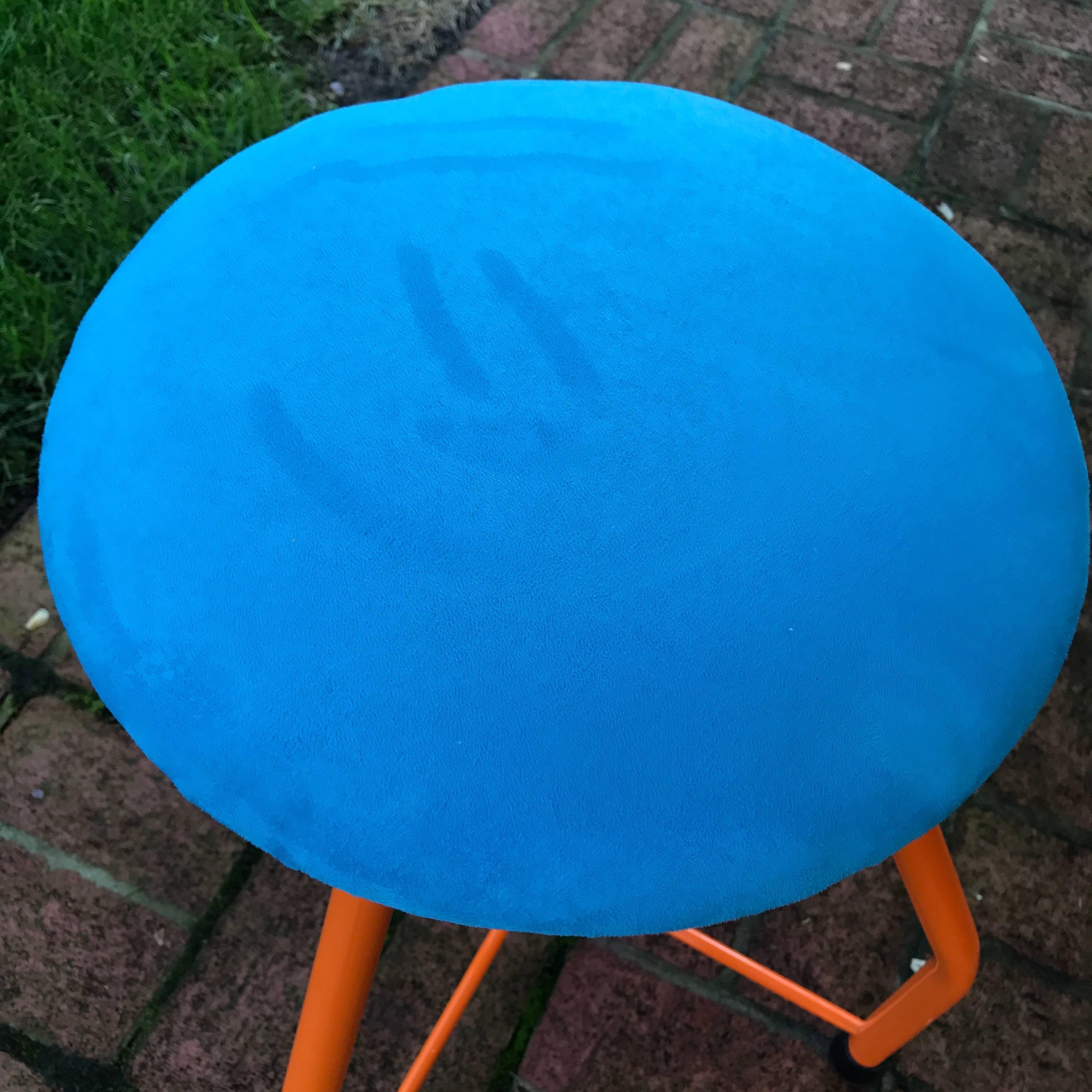 Industrial Orange Powder Coated Blue Suede Stool In Good Condition For Sale In Haddonfield, NJ