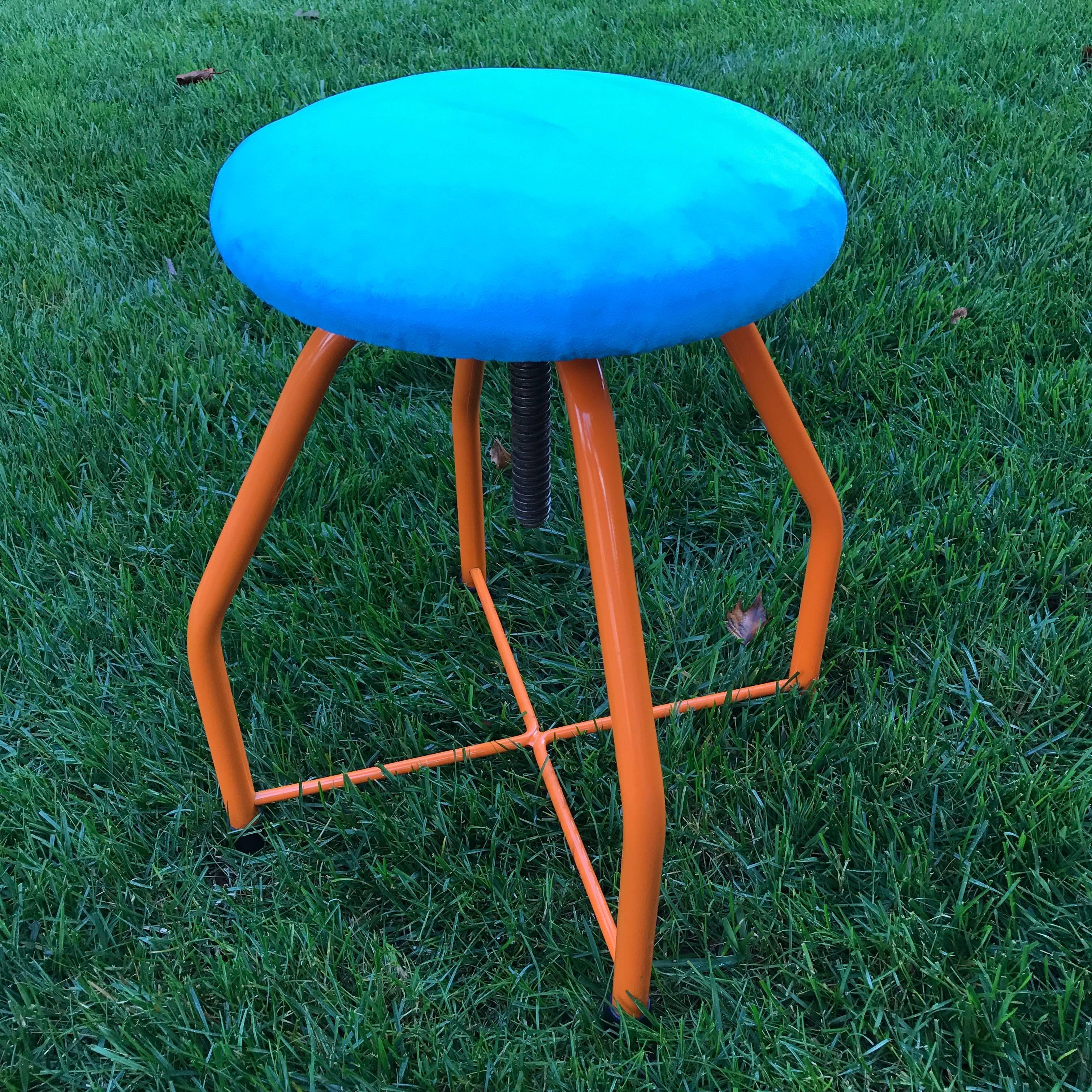 20th Century Industrial Orange Powder Coated Blue Suede Stool For Sale