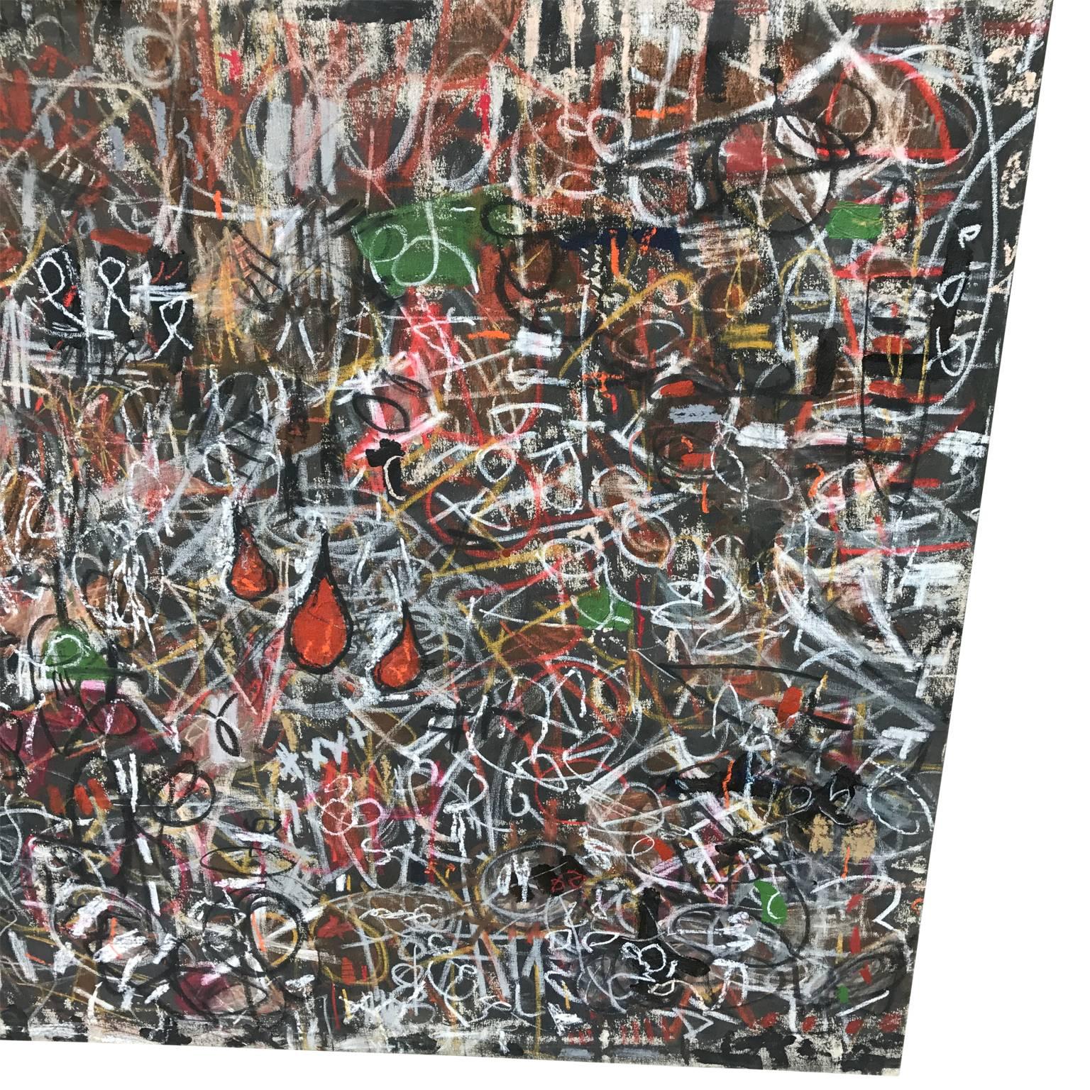 Large horizontal modern abstract multimedia painting by Gronk. 
Gronk is the pseudonym of Chicano painter, printmaker, and performance artist Glugio Nicandro. 
His work is collected by museums around the country including the Smithsonian American