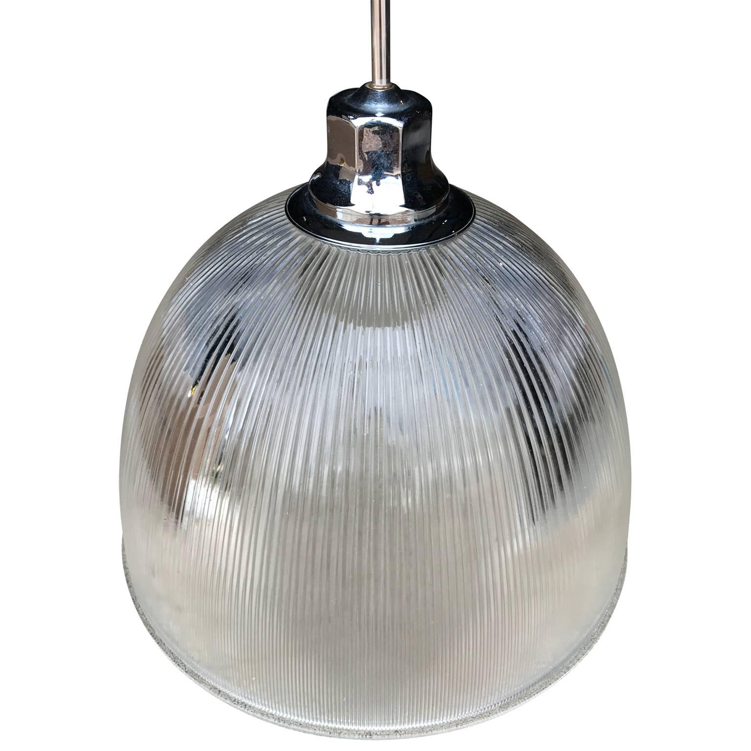 Large Industrial glass pendant with thick chrome hardware. 
The glass dome is signed HOLOPHONE ENDURAL NO 6650, pressed into the glass edge.
The diameter of this light is 25.5 inches, potentially the largest size ever made by Holophone. Height of