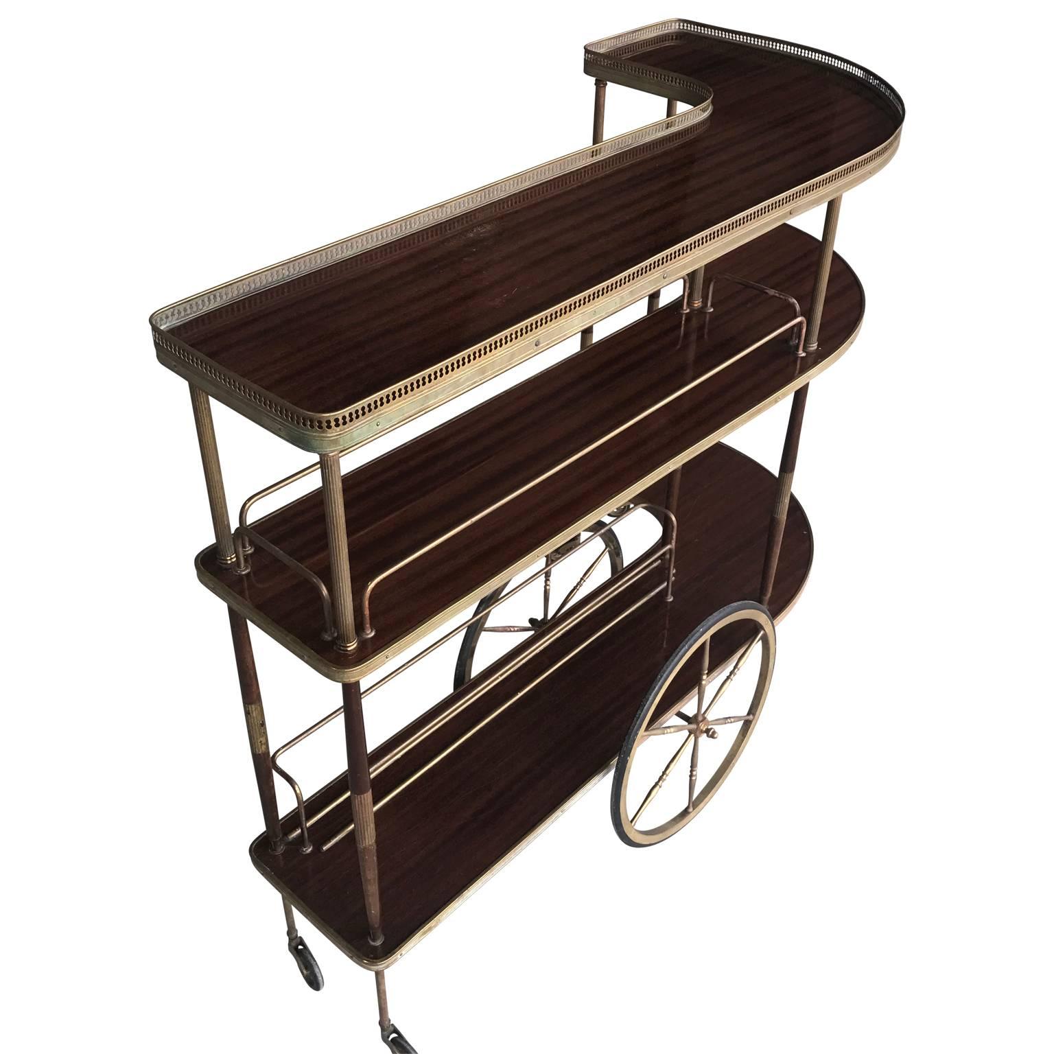 Directoire Three-Tiered Mahogany and Brass Bar Cart, 1940s, France