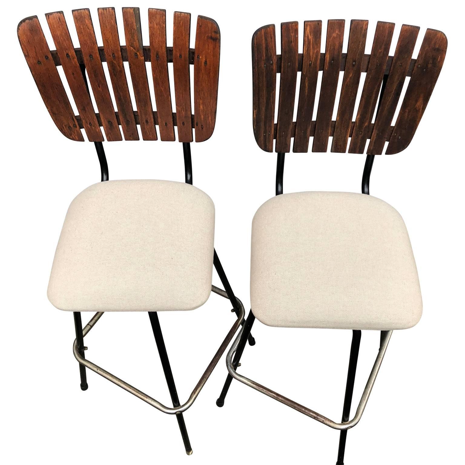 Mid-Century Modern Three Arthur Umanoff Style Upholstered and Wood Bar Stools