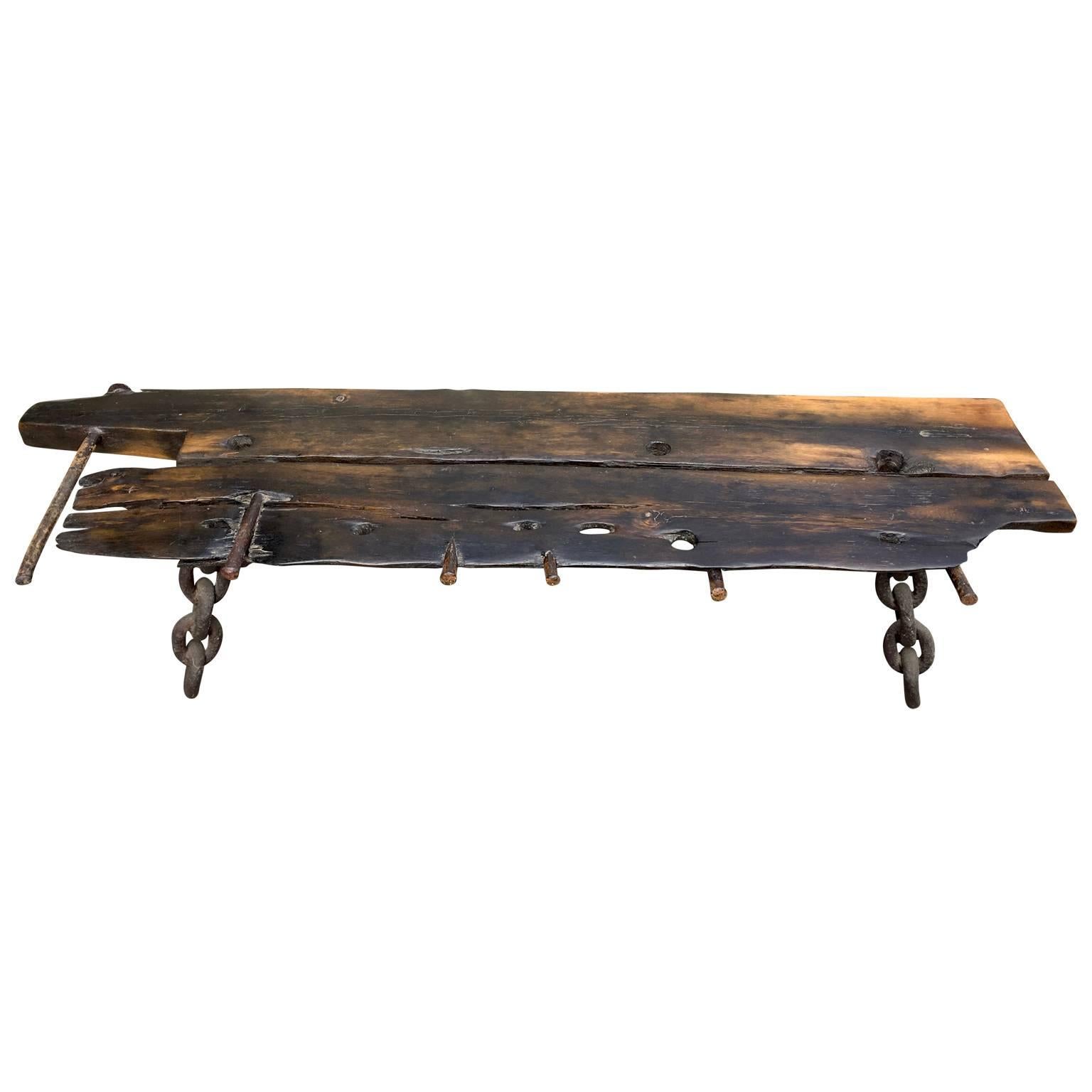 M. Stalker Long Studio Bench from Shipwreck Wood and Chain For Sale