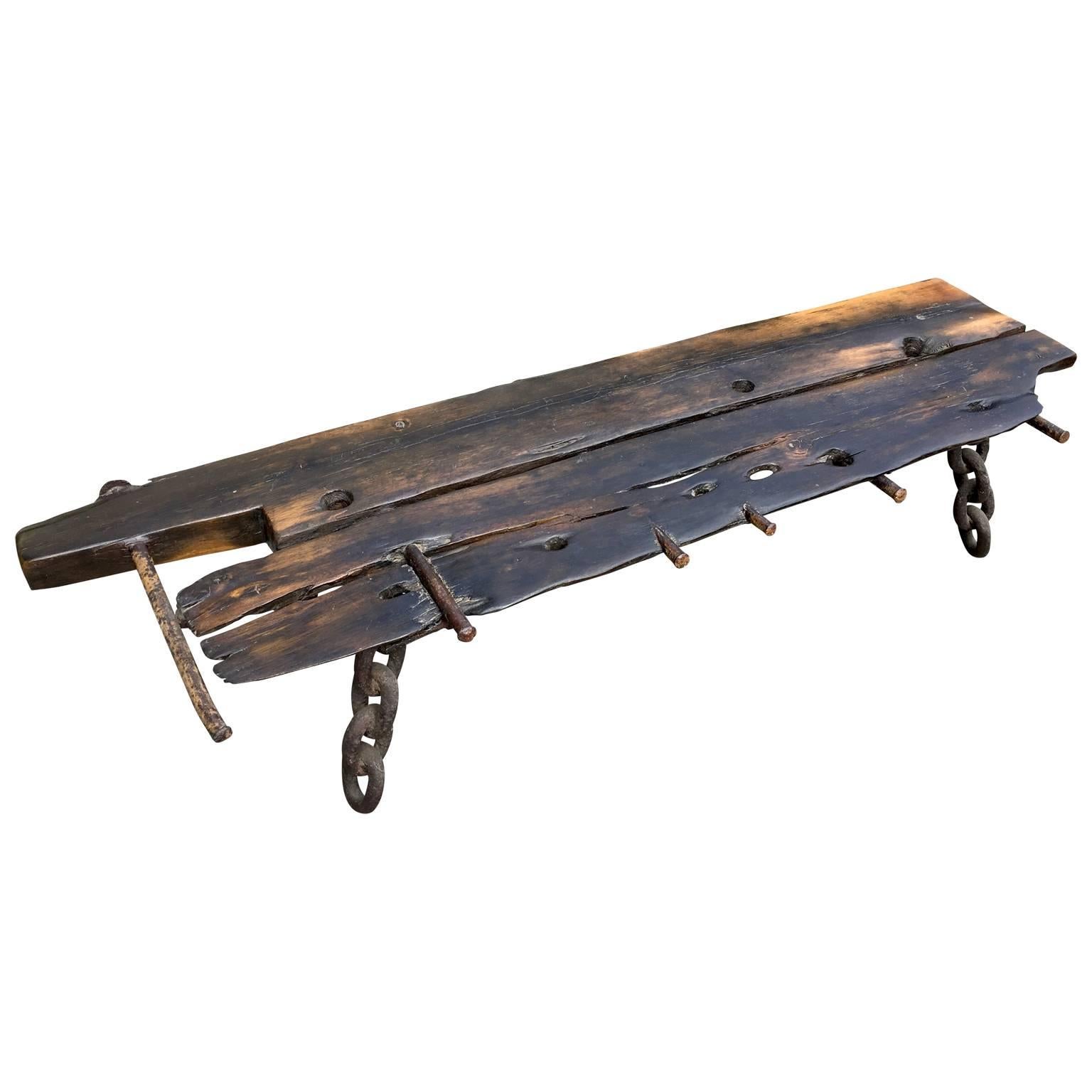 Hand-Crafted M. Stalker Long Studio Bench from Shipwreck Wood and Chain For Sale