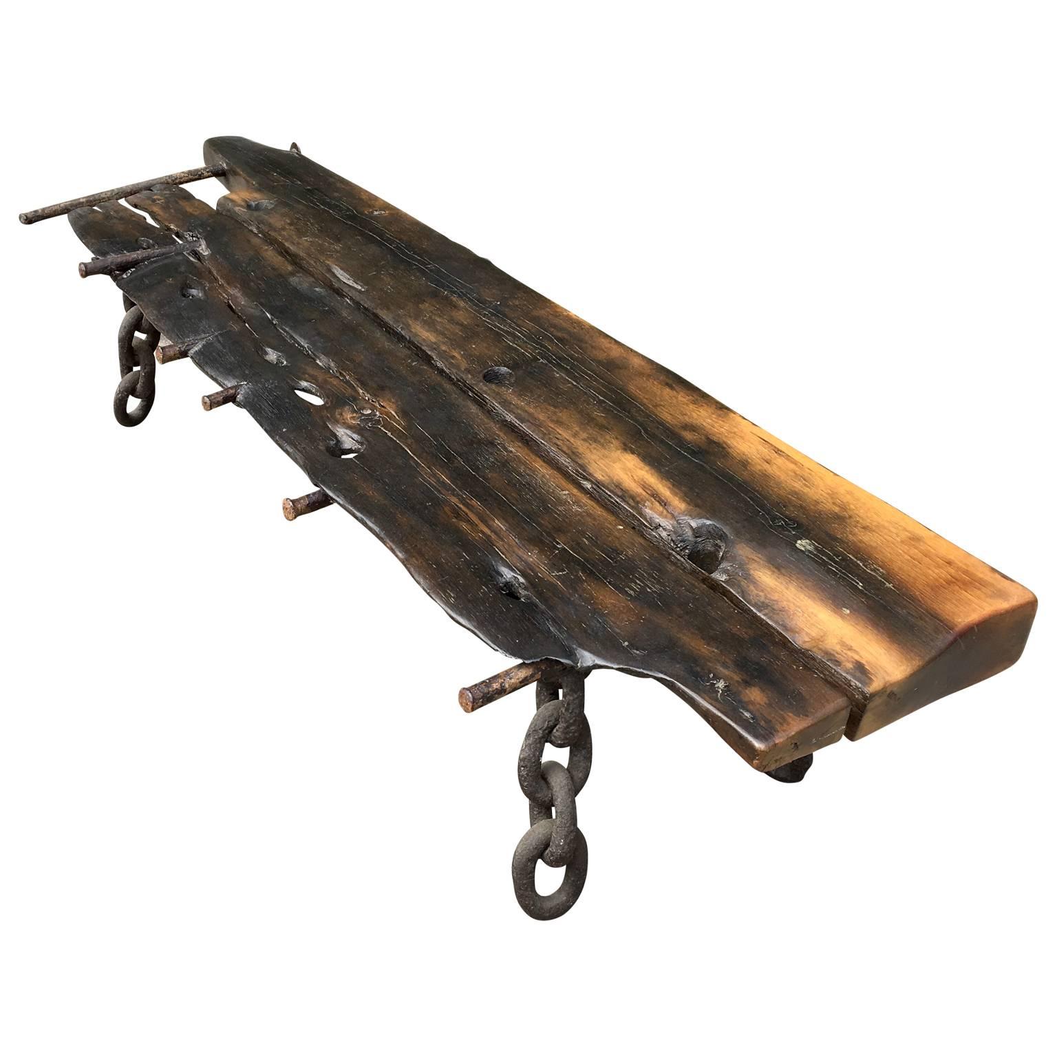 American Craftsman M. Stalker Long Studio Bench from Shipwreck Wood and Chain For Sale