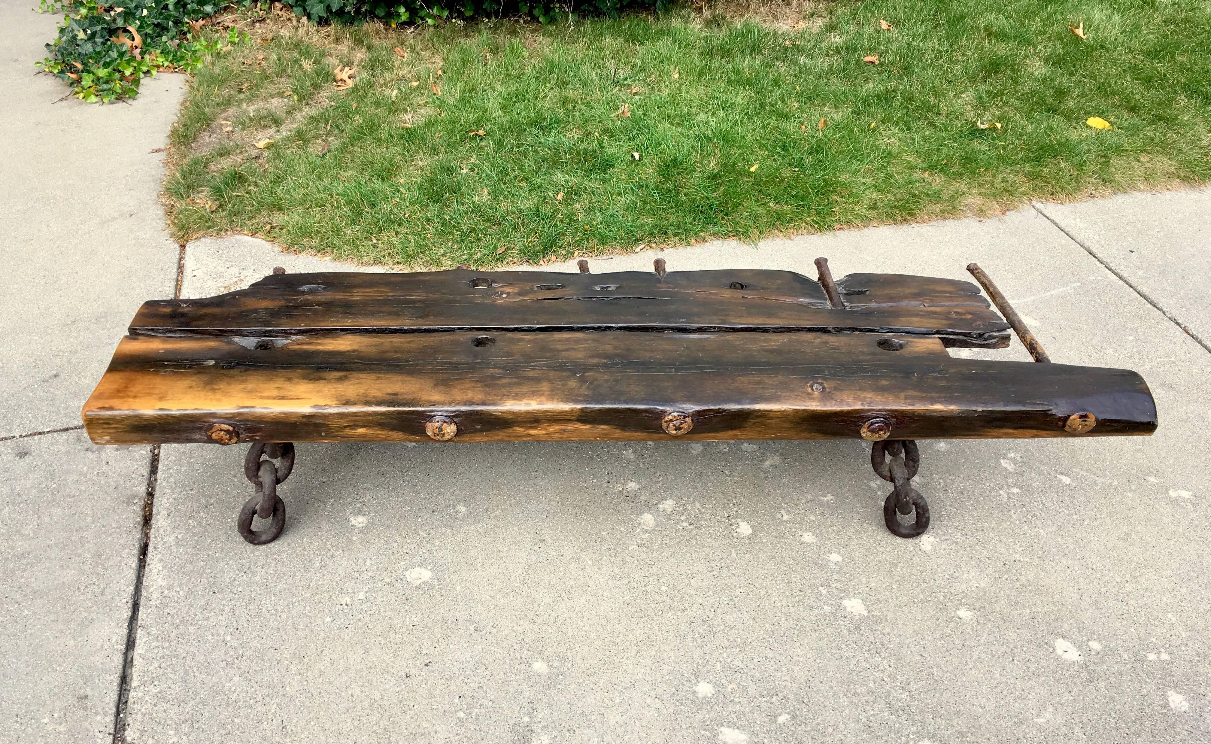 20th Century M. Stalker Long Studio Bench from Shipwreck Wood and Chain For Sale