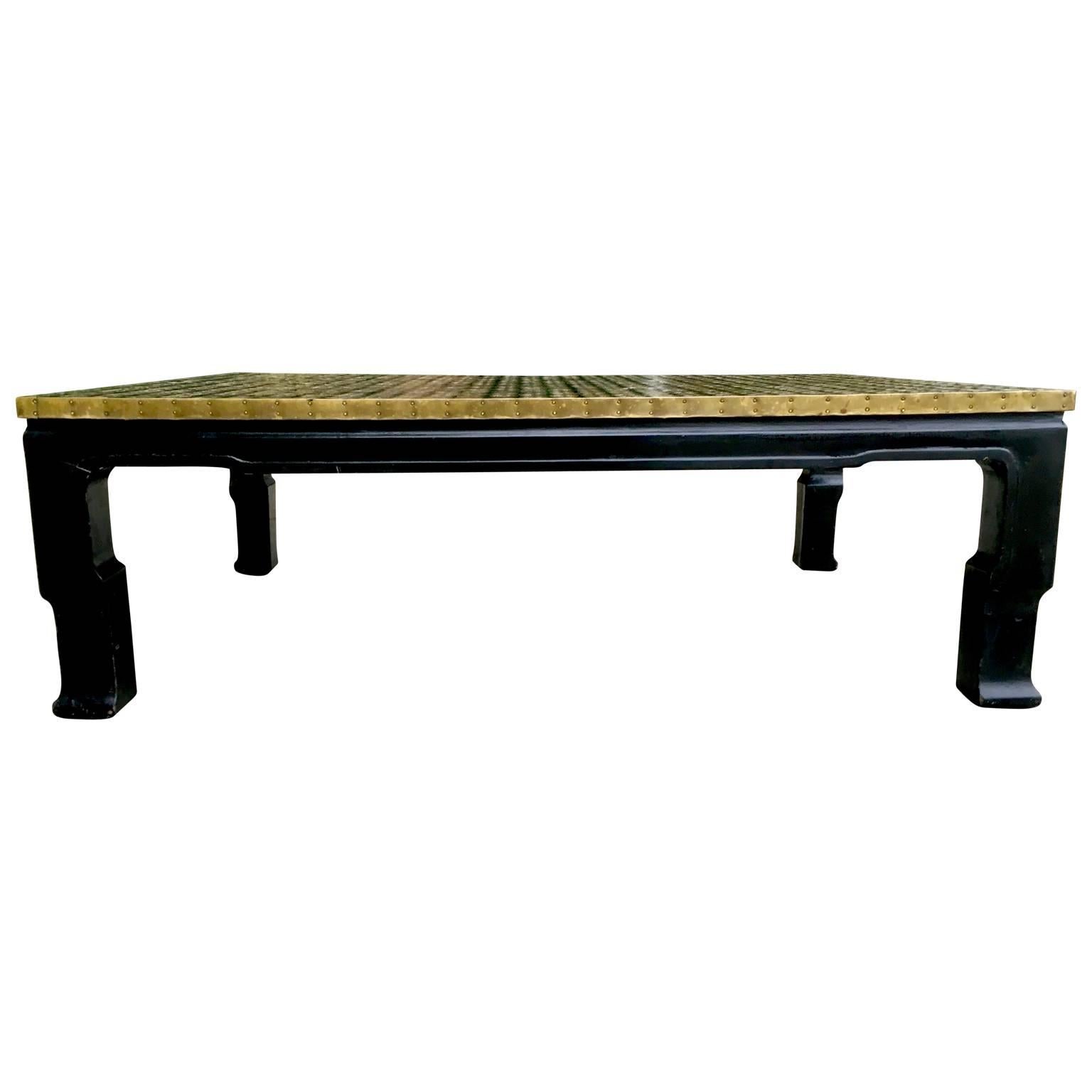 Mid-Century Modern Asian Bronze Coin Coffee Table Black Lacquered 3