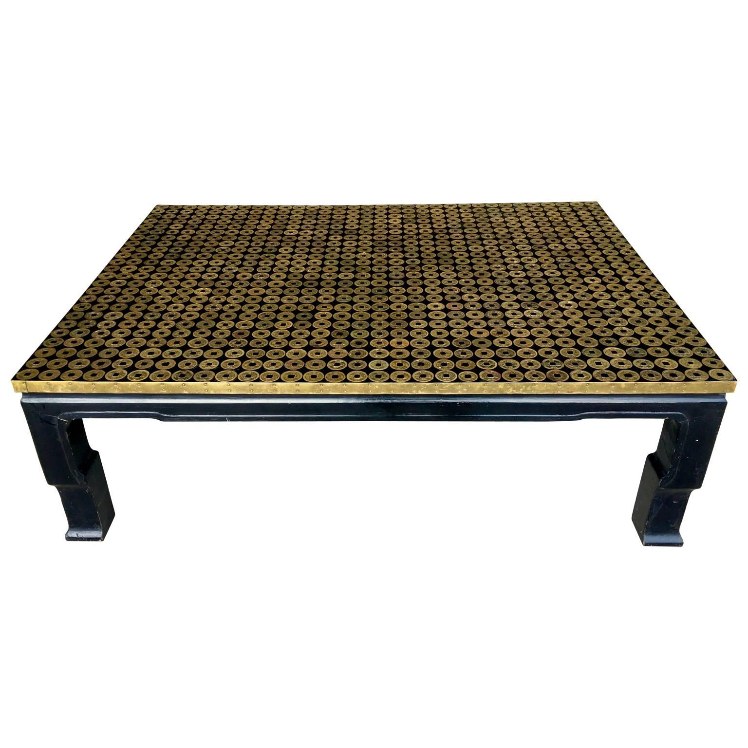Mid-Century Modern Asian Bronze Coin Coffee Table Black Lacquered 4