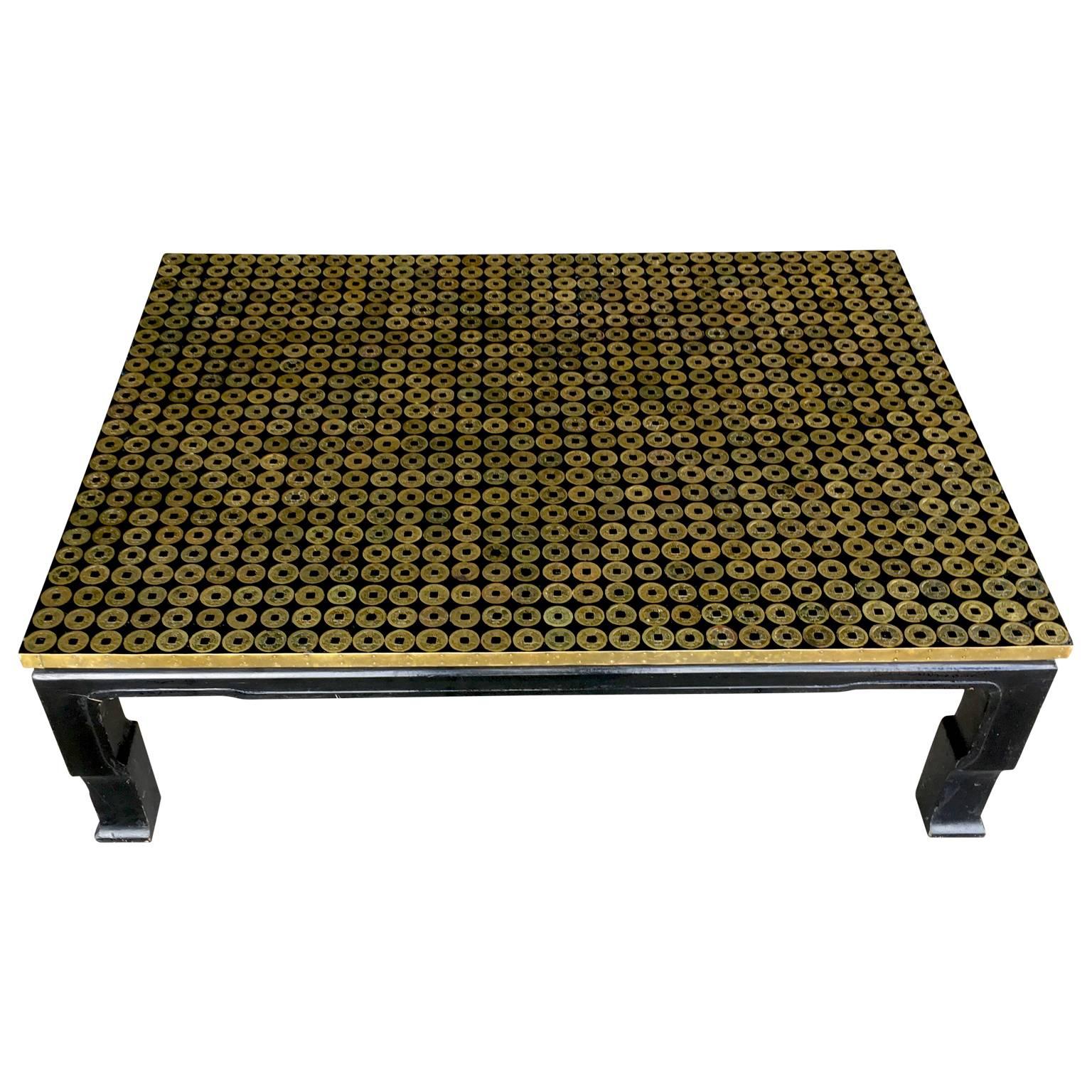 Mid-Century Modern Asian Bronze Coin Coffee Table Black Lacquered 1