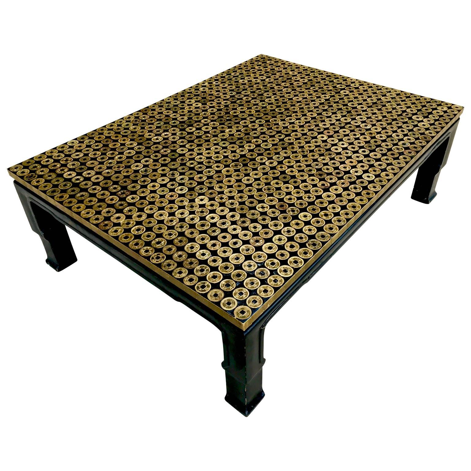 Mid-Century Modern Asian Bronze Coin Coffee Table Black Lacquered 2