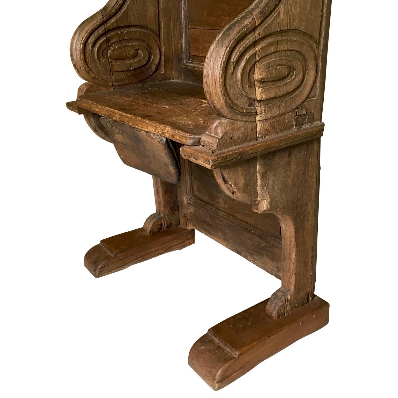 Hand-Carved Early Gothic Medieval Cathedral Solid Oak Misericord Bench Chair For Sale