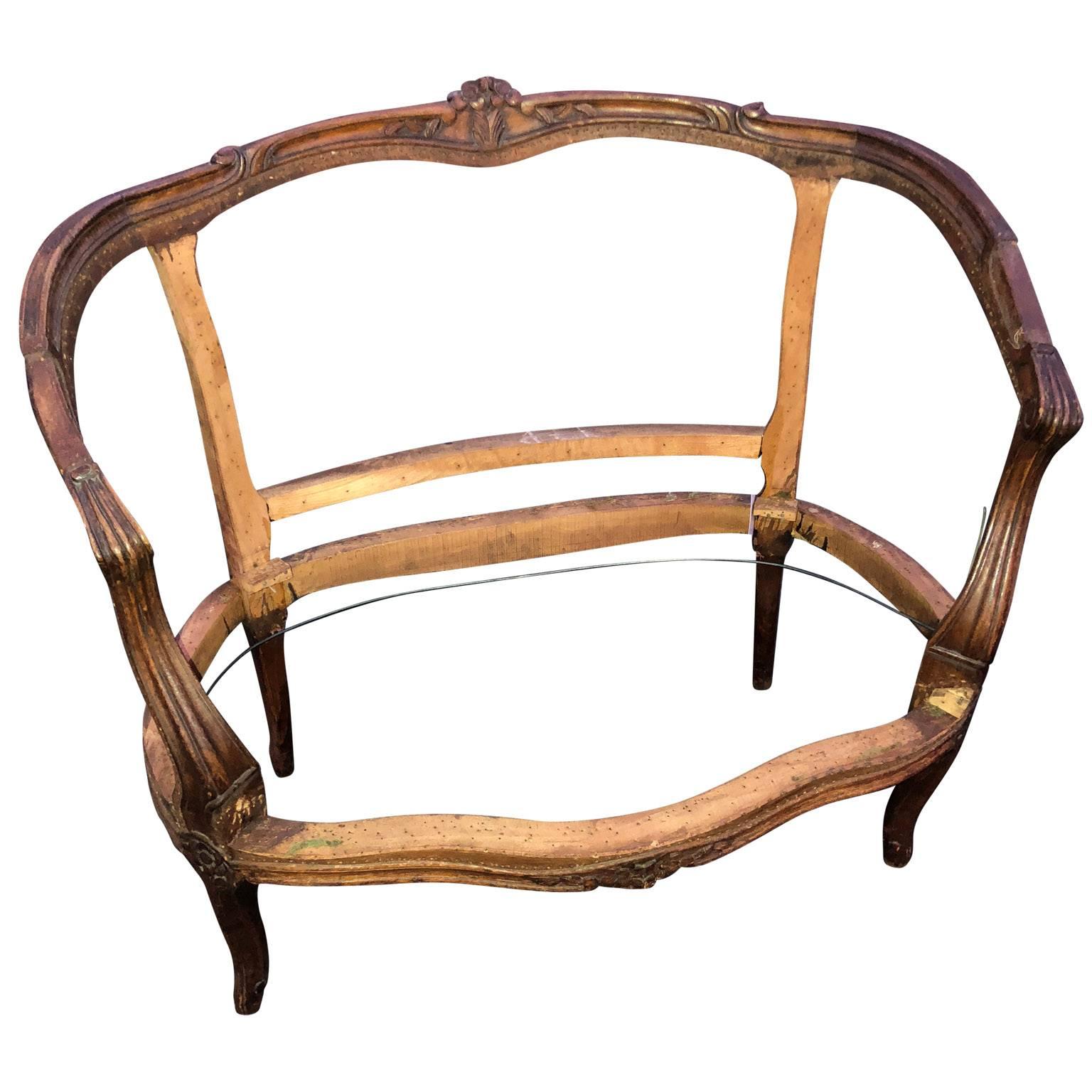 Hand-Carved French Rococo Two-Seat Settee Arm Chair Frame