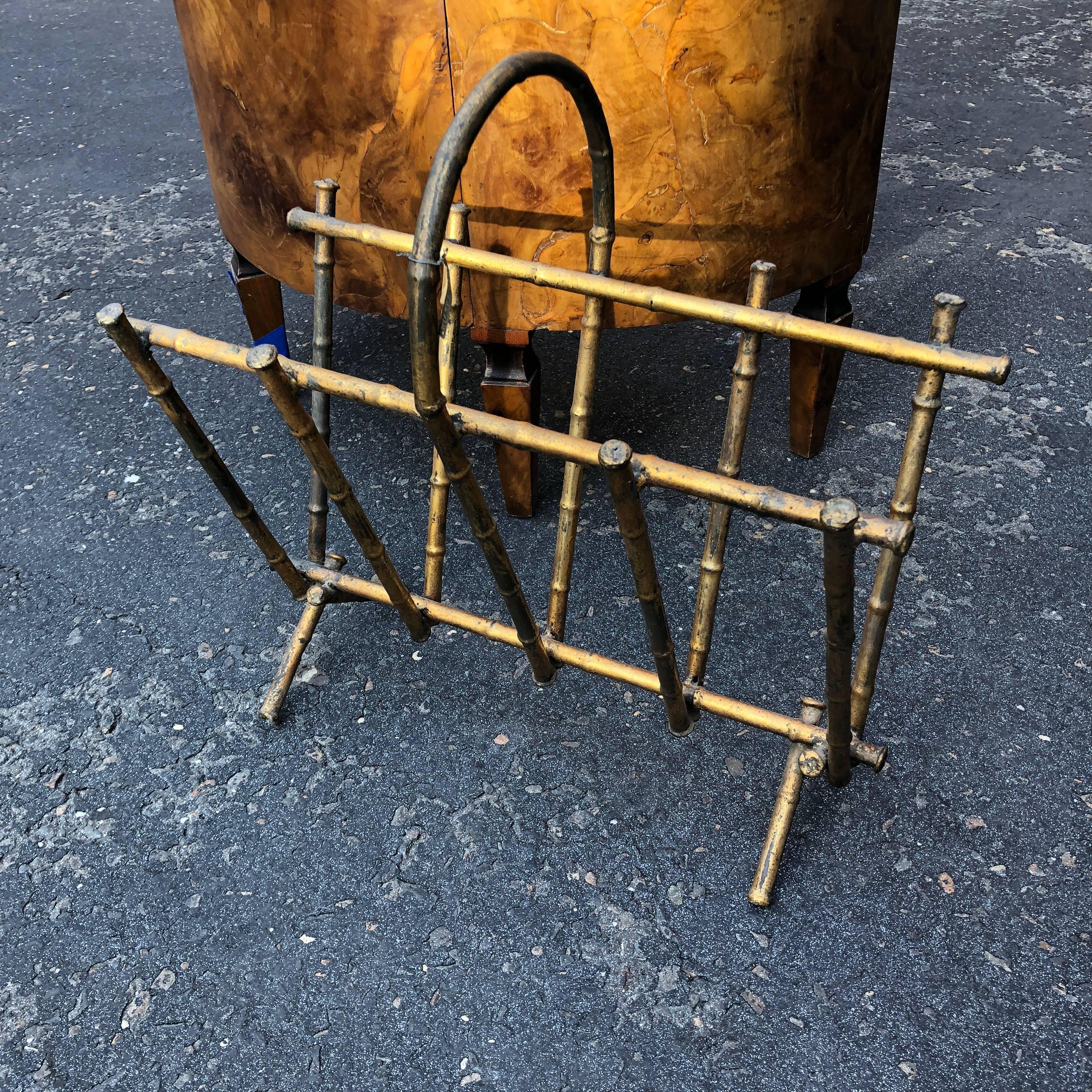 Hollywood Regency Vintage Spanish Faux-Bamboo Gilt-Metal Magazine Rack