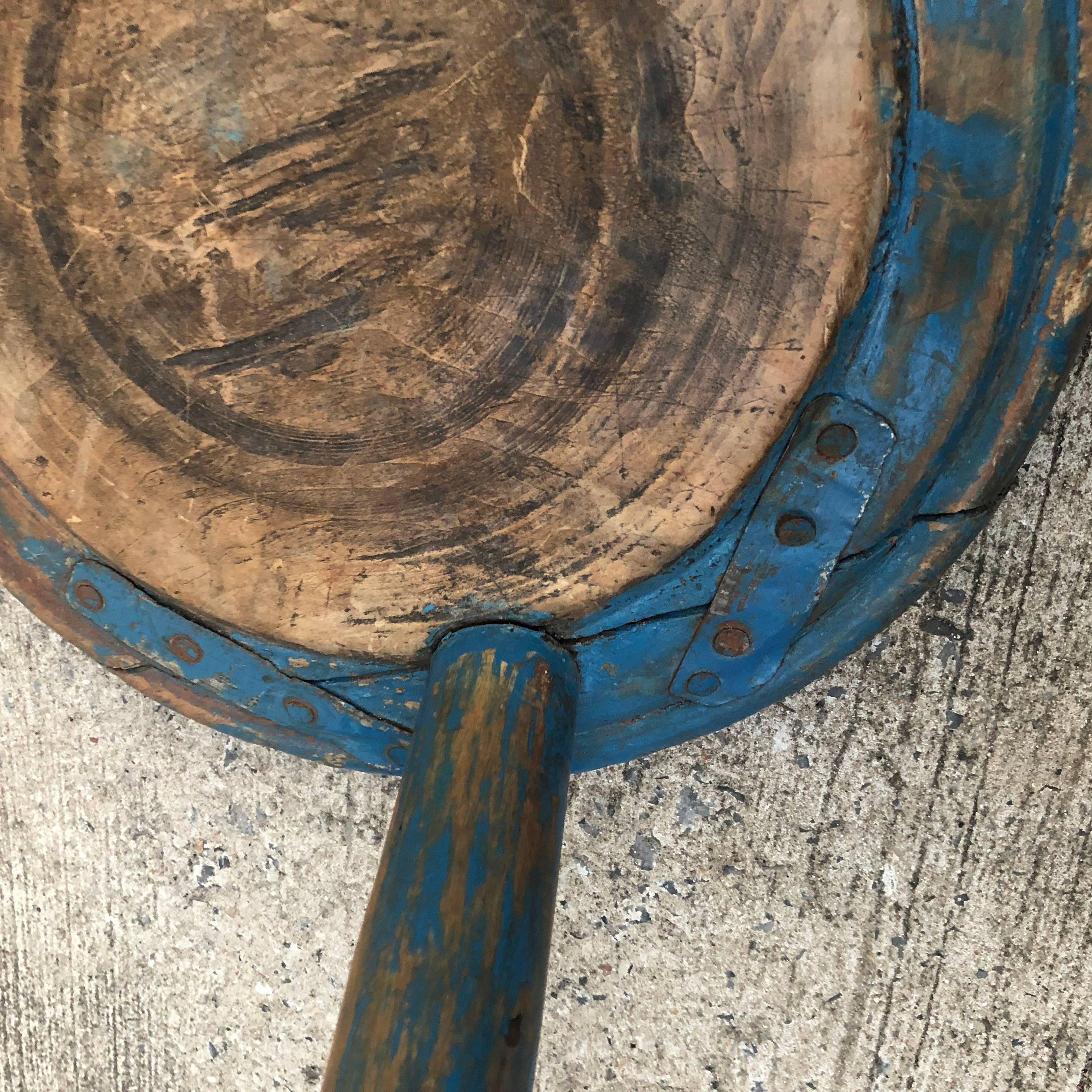 Pine Blue Painted and Swedish Folk Art Three Legged Stool