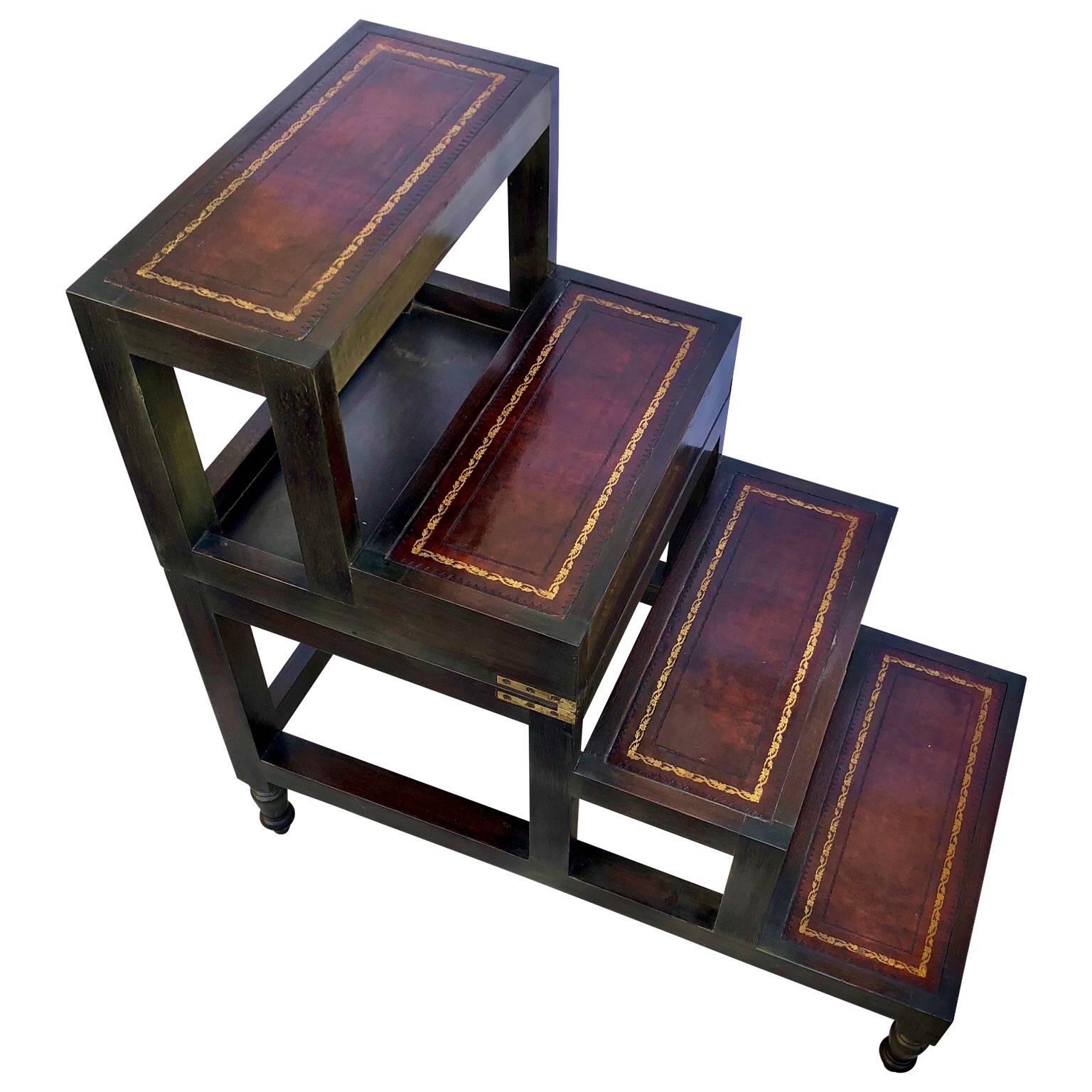 Metamorphic Library Steps And End Table With Gilt Incised Leather 